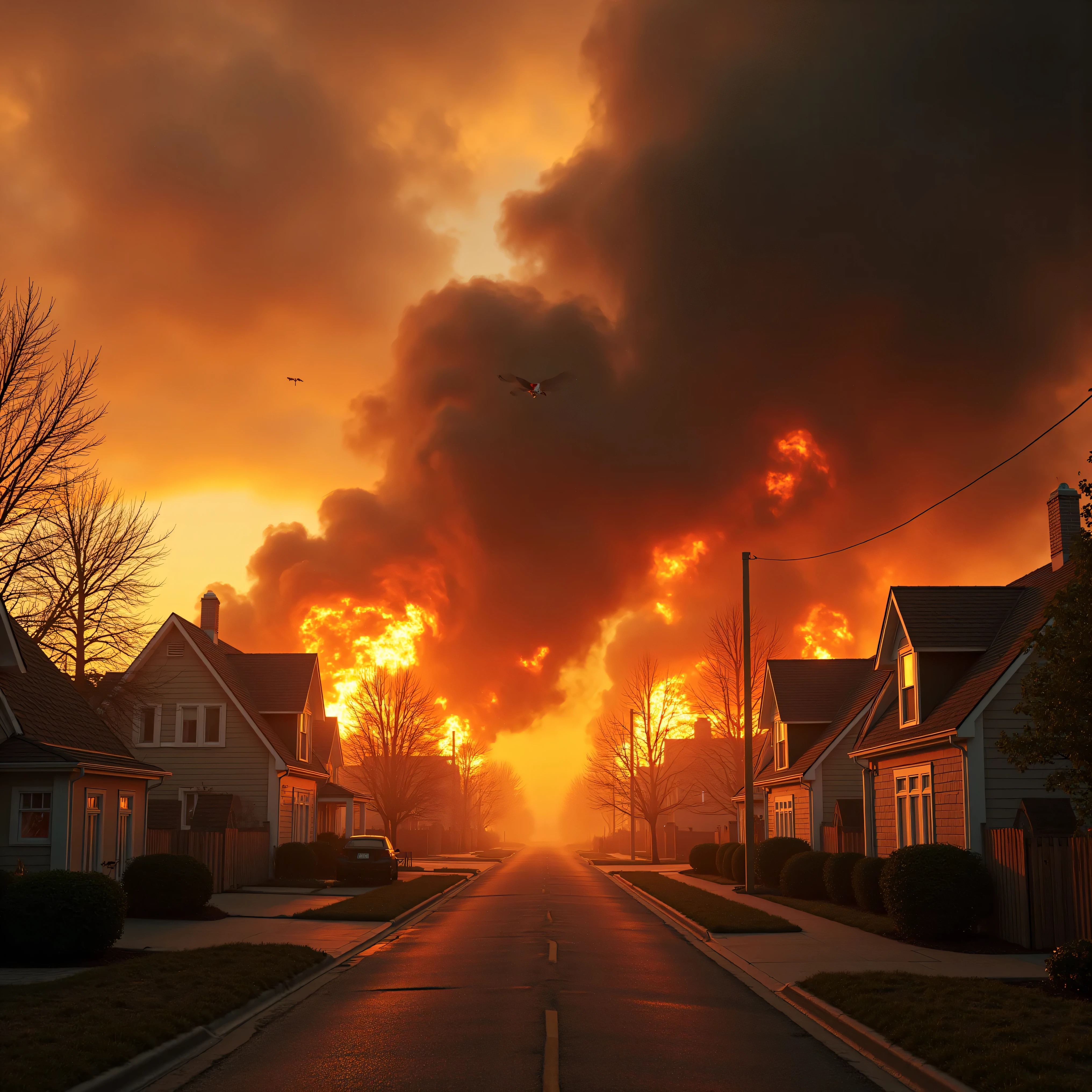 A whole cul-de-sac of houses in a residential neighborhood is on fire and 6 are completely engulfed in flames. There are no people anywhere. A few dogs and cats watch the fire from afar. Multiple views.The smoke from the house chokes the clean air of the bright sunny day. Coming through the smoke are what appear to be demonic entities that fly in the air with horns, horrific faces with sharp teeth and tails. Smiling and enjoying the death and destruction. They are high and giddy from the horror they feel lucky to be a part of. Demons can clearly be seen close up flying through the flames and coming through the flame and smoke macro photography Ultra-realistic, photorealistic, cinematic photography, cinematic lighting, physically-based rendering, 3D rendered realism, best quality images, 8k, high-res, attention to details, Cinematography, a masterpiece