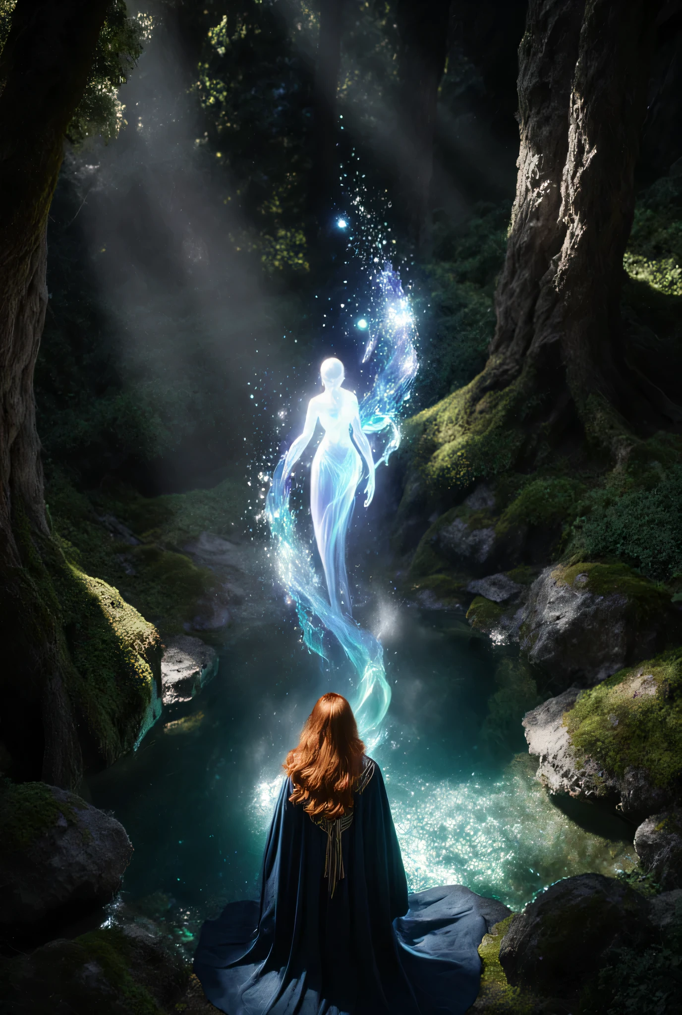 An ultra-photorealistic, hyper-detailed scene seen from above, a perspective tilted slightly upward. At the heart of a deep, ribbon bikini, a crystalline spring shines in a magical light. Une courageuse mage se tient au bord de la source, seen from behind and slightly above, ses robes et ses cheveux illuminés par la lueur éthérée. Émergeant de l'eau, une belle, esprit de l'eau translucide, surrounded by twinkling droplets and mist. The dense forest is filled with ancient trees, rochers moussus, et des rayons de soleil filtrant à travers la canopée. L'atmosphère est mystique et tranquille, capturant l'émerveillement de la mage alors qu'elle assiste à l'apparition de l'esprit de l'eau, all from a dramatic angle from above.