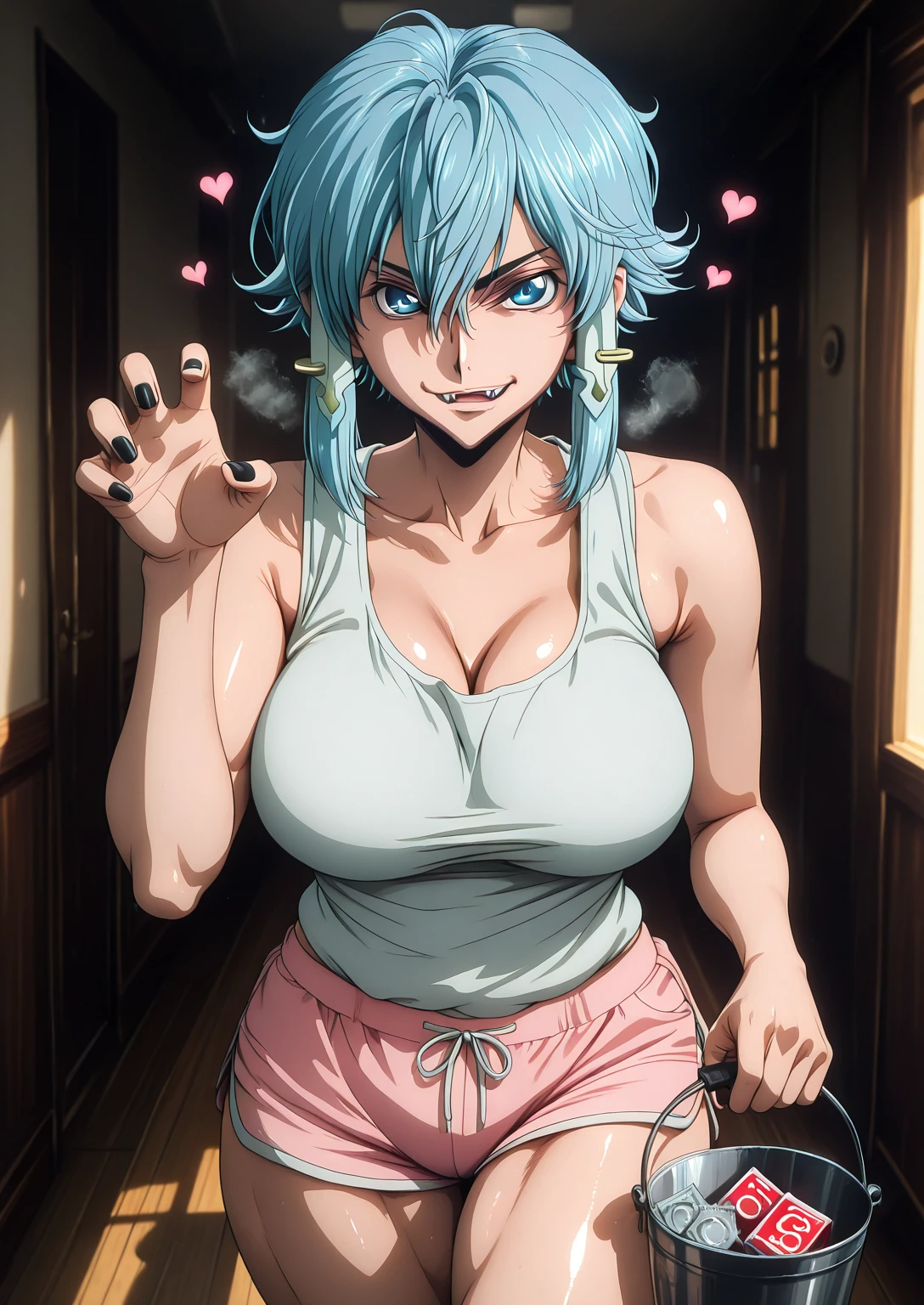 Babu-style, Sakuranotomoru, Hgk, (imizu_(nitro_unknown)-style:1.4), (j.k.-style:1.2), (code Geass-style:1.4), (anime coloring, anime screencap), shiny skin, (voluptuous body:1.4), (mature female:1.4), (cellulite:1.3), ((anatomical correct)), ((Cinematic, unreal engine, eye-catching, ambient occlusion, UHD, masterpiece)), ((perfect lighting, soft shadow)), perfect body, perfect eyes, perfect fingers, gasping, heavy breathing, gasping profusely, ((skindentation)), ((curvy)), shino asada, asada shino, sinon, short hair, bangs, blue eyes, hair ornament, hair between eyes, blue hair, sidelocks, slit pupils, medium breasts, plump, hearts, pleasured, 1girl, breasts, mature female, solo, White shirt, sleeveless, standing, claw pose, holding bucket, looking at viewer, fangs, smirk, collarbone, condom, condom box, thighs, curvy, hallway, dim light, black nails, dolphin shorts, short shorts,pink shorts,