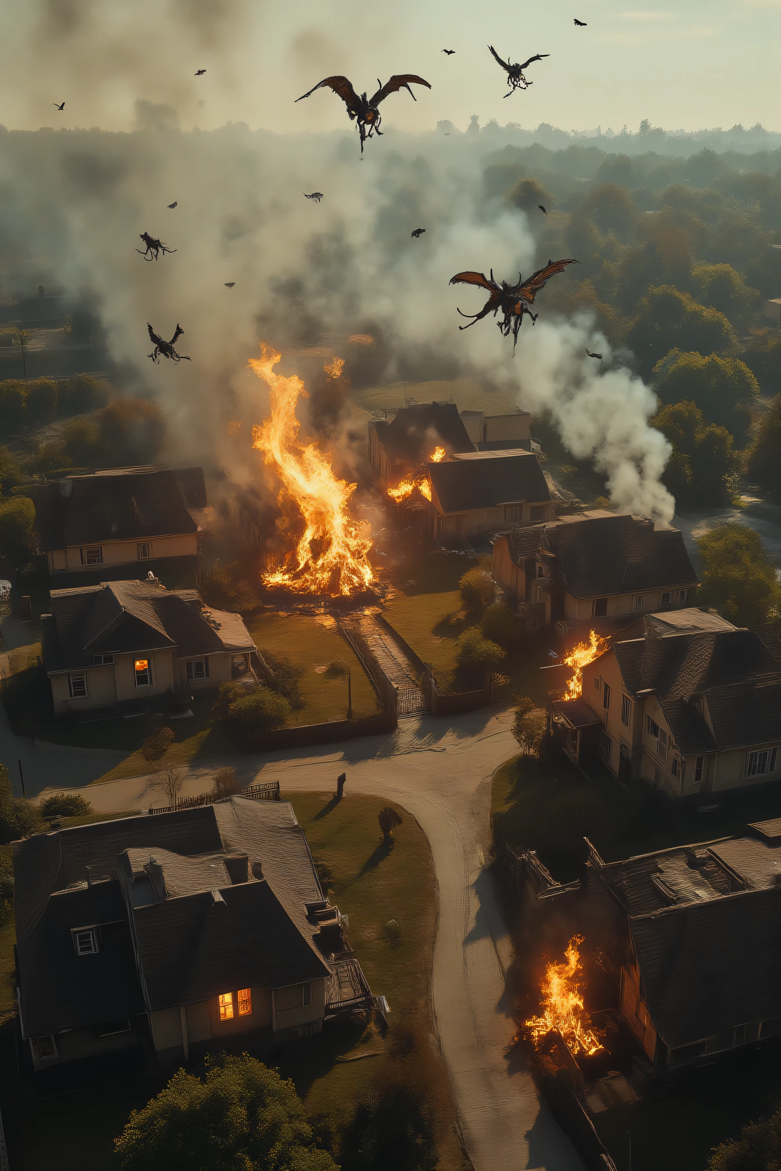 A whole cul-de-sac of houses in a residential neighborhood is on fire and 6 completely engulfed in flames. There are no people anywhere. A few dogs and cats watch the fire from afar.  Multiple views, perspectives, a bird's-eye view, from far above. The smoke from the house chokes the clean air of the bright sunny day.  Coming off the smoke are what appear to be demonic entities made up of smoke that fly in the air with horns and tails. Smiling and enjoying the death and destruction. They are high and giddy from the horror they feel lucky to be a part of. Demons can clearly be seen flying through the flames and coming through the smoke Ultra-realistic, photorealistic, cinematic photography, cinematic lighting, physically-based rendering, 3D rendered realism,  best quality images, 8k, high-res, attention to details, Cinematography,  a masterpiece
