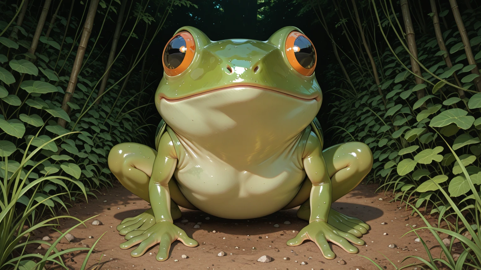 A tall, slender frog-person, with vibrant green skin, large, expressive eyes, and an elegant yet slightly menacing air