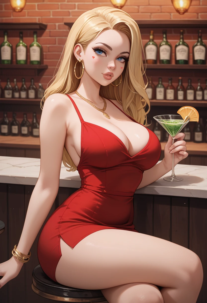 She has a beautiful manicure, she is a blonde with a gorgeous figure, she is wearing Louboutin and a short bottle-shaped dress.... her hand is on her husband's head , they're in a restaurant 