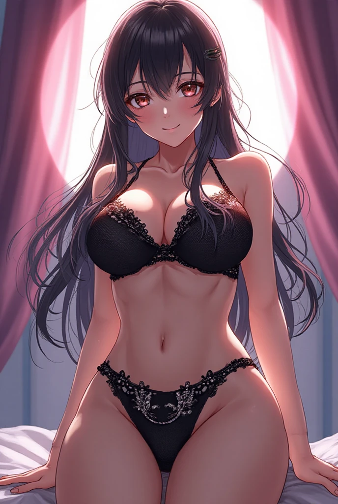 (masterpiece, best quality),Inoue Takina, Long hair, Bangs, Black hair (Purple eyes:1.2), , black bra, panties, indoor, bedroom, dynamic pose