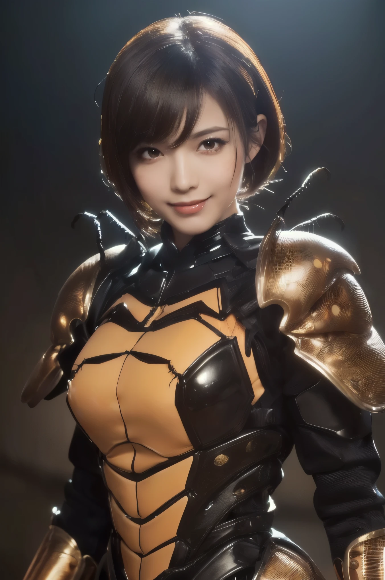 (high resolution,masterpiece,best quality,extremely detailed CG, anime, official art:1.4), realistic, photo, amazing fine details, all intricate, gloss and shiny,awesome many layers, 8k wall paper, 3d, sketch, kawaii, illustration,( solo:1.4), perfect female proportion,villainess, (fusion of dark brown cockroach and lady:1.4), (brown cockroach form lady:1.2), (brown cockroach lady:1.2), (fusion:1.2), (solo:1.4), (evil smile:1.2), muscular, abs, (cockroach brown exoskeleton bio insect suit:1.4), (cockroach brown exoskeleton bio insect armor:1.2), (brown transparency cockroach wing:1.4), (brown cockroach antennae:1.3),