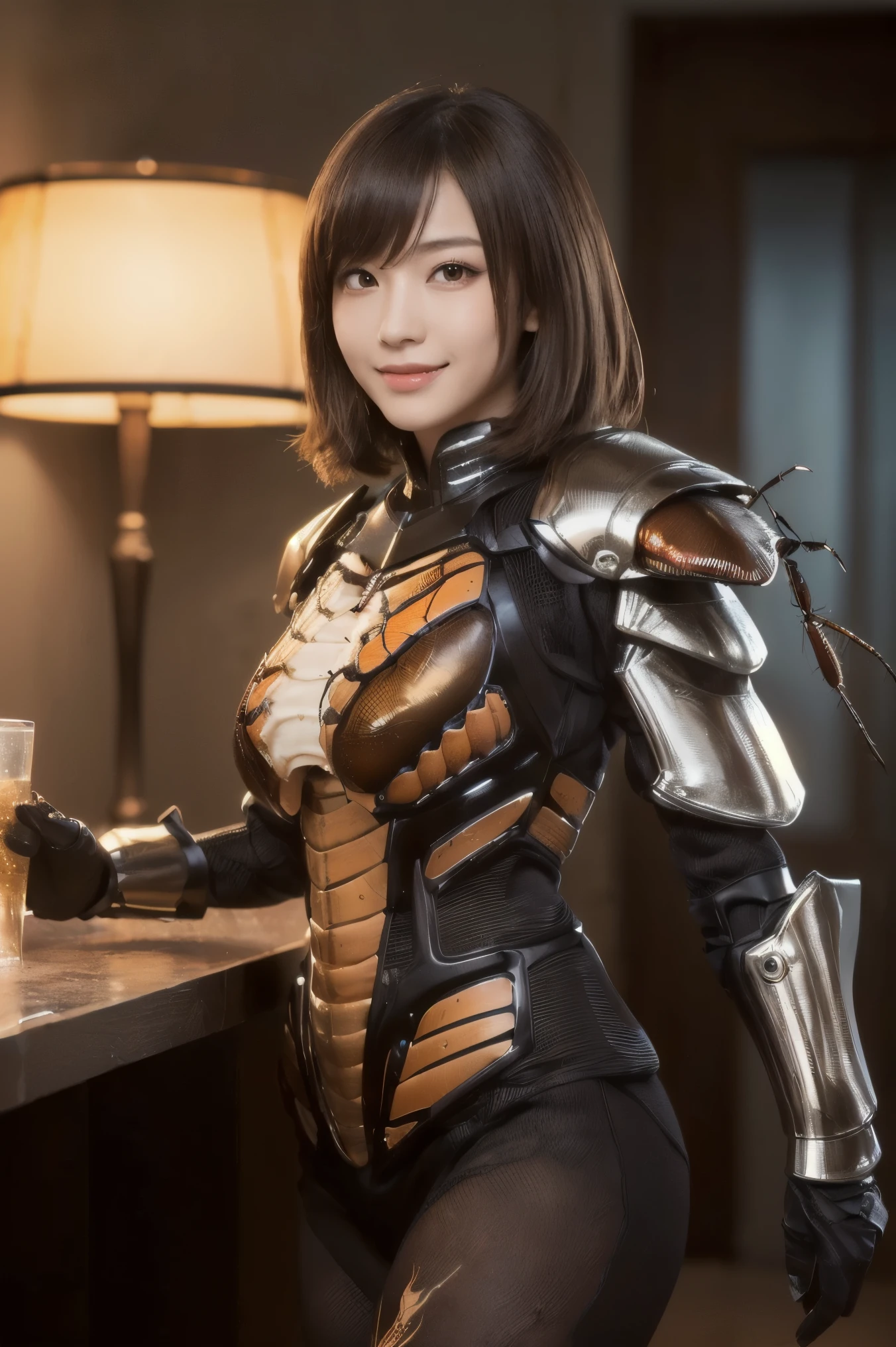 (high resolution,masterpiece,best quality,extremely detailed CG, anime, official art:1.4), realistic, photo, amazing fine details, all intricate, gloss and shiny,awesome many layers, 8k wall paper, 3d, sketch, kawaii, illustration,( solo:1.4), perfect female proportion,villainess, (fusion of dark brown cockroach and lady:1.4), (brown cockroach form lady:1.2), (brown cockroach lady:1.2), (fusion:1.2), (solo:1.4), (evil smile:1.2), muscular, abs, (cockroach brown exoskeleton bio insect suit:1.4), (cockroach brown exoskeleton bio insect armor:1.2), (brown transparency cockroach wing:1.4), (brown cockroach antennae:1.3),