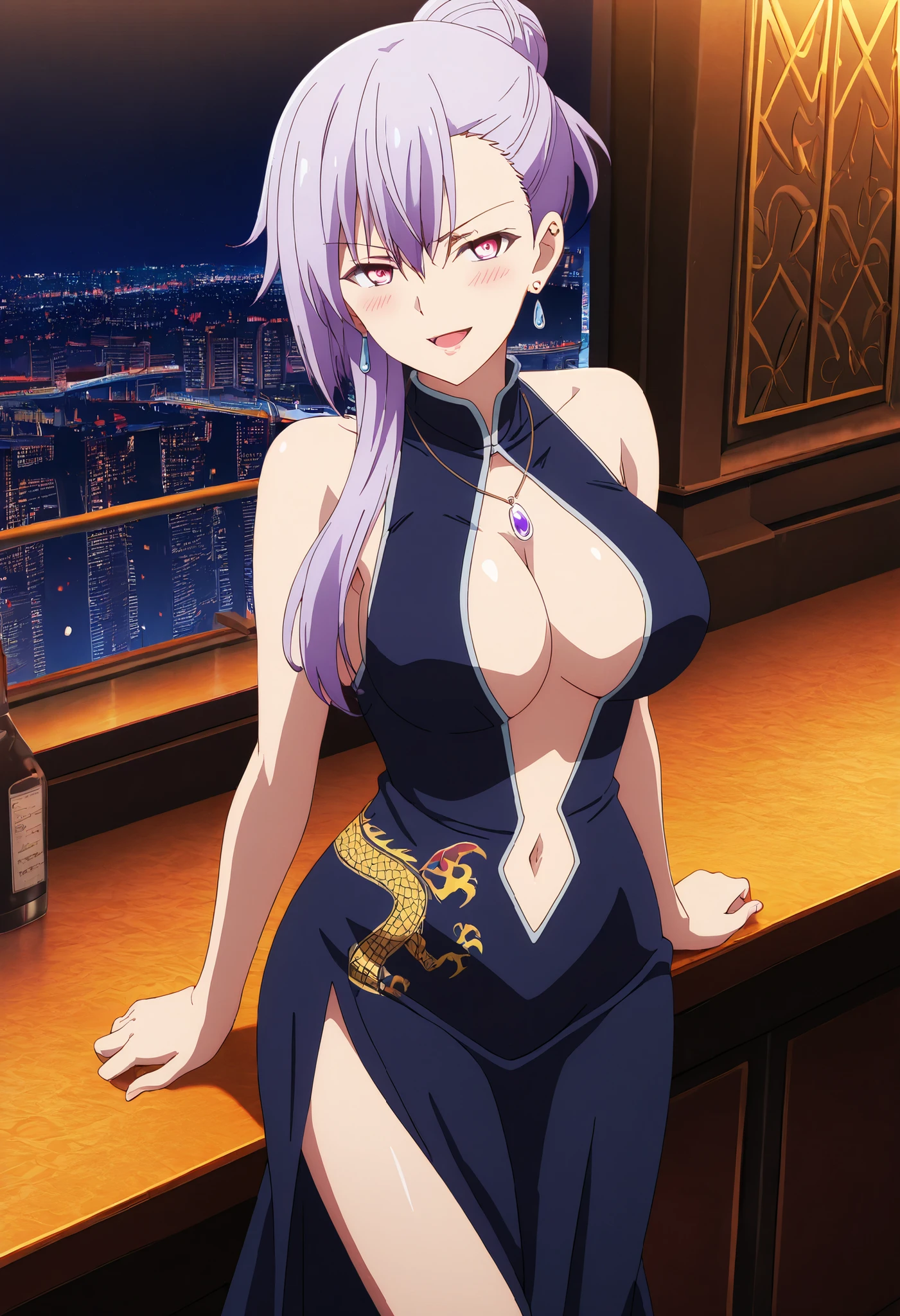 (asura style:0.8), score_9, score_8_up, score_7_up, score_6_up, score_5_up, score_4_up, uncensored, emilialudwell, purple hair, pink eyes, long hair, hair between eyes, ponytail, hair bun, single hair bun, side ponytail, asymmetrical hair, asymmetrical bangs,
jewelry, necklace, pendant, gem, red lips, bad attitude, mean girl, ear piercing, long hair, blush, lipstick,Hot girl, baddie, sensual, attractive , bar
background, inside bar,indoors, cityscape, casino, nightclub, city lights, masterpiece, best quality, highly detailed, a anime girls in long dress with navel cutout posing for a
picture, evil smile, smile, open mouth, (nsfw) not safe for work, revealing dress, beautiful dress center
opening , long dress with bellybutton showing, ecchi anime style, anime girls, ecchi style, ecchi, digital
anime art!!, in anime style, official artwork, visual novel cg, beautiful anime girl, anime style 4 k, exposed
navel, exposed bellybutton, jewelry, earrings, complex detailed background, rich interior, european architecture, palace, ,,, medium large breast ,looking at viewer , dragon tattoo on waist, narrowed eyes, tattoo on waist, anipai_style , anime screencap , anime coloring, v-shape eyebrows,