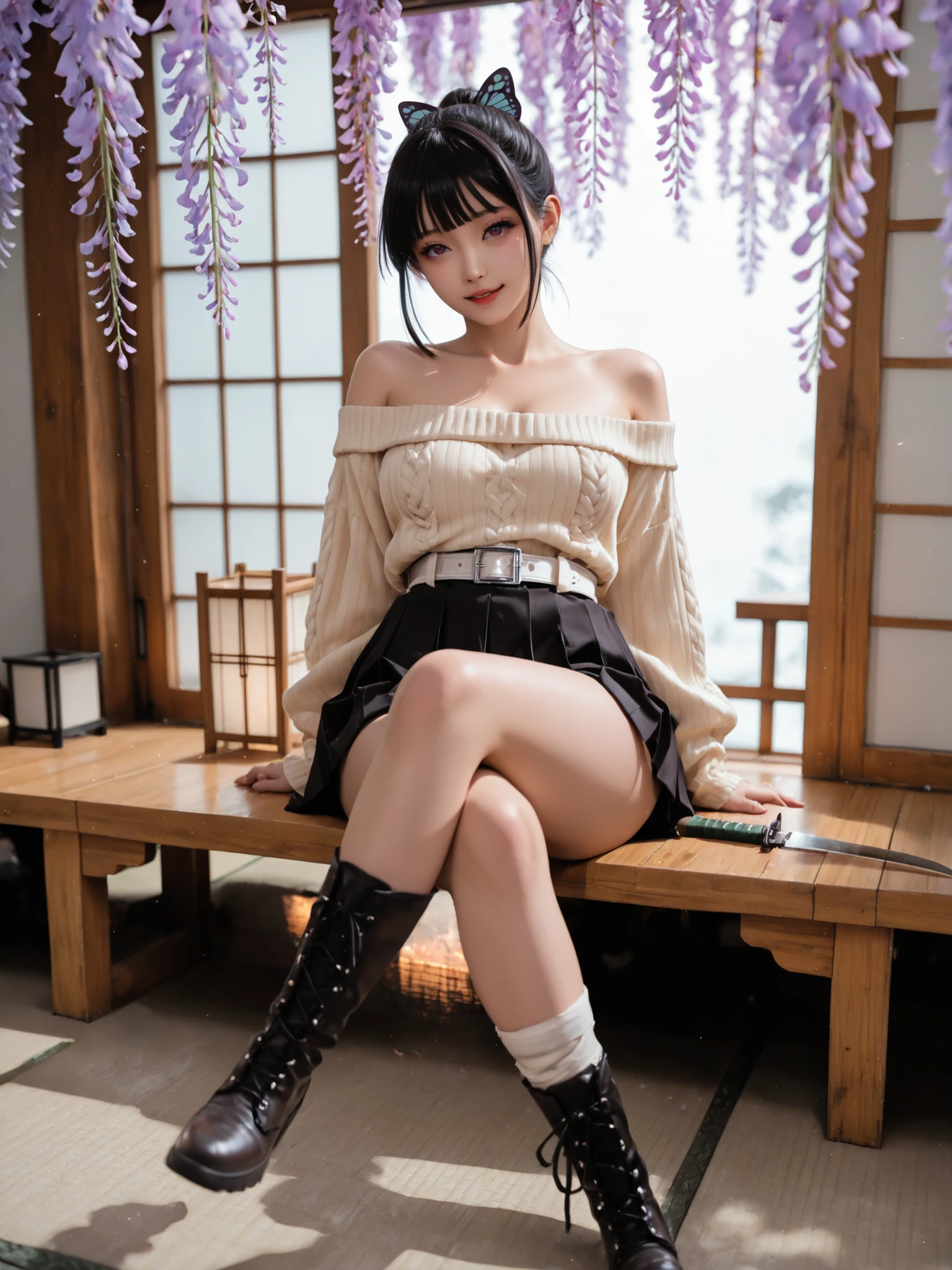 ((is the best quality)), ((masterpiece after sex)), ( detailed), "professional cosplay photography《of Demon Slayer》A full-body photo of Little Naganobu in. 's ponytail she wears Shinobu's iconic butterfly haha ori and butterfly hairpins. including her Demon Slayer uniform, At dusk Divided into the serene Wisteria Garden, Her hair is similar to Shinobu's. including the exact shape and volume, with a full-body photo of Little Naganobu in. completing all the missing Shinobu Kocho attributes, maintains an elegant and mischievous expression, sword (Japanese wheel knife) on her hips, Shinobu Kocho's animated appearance/Boots. The background is, With soft, Magical Lighting. Highly detailed, Movie, The animation is accurate, with white leg wraps, 8,000."1 girl, off-the-shoulder sweater,