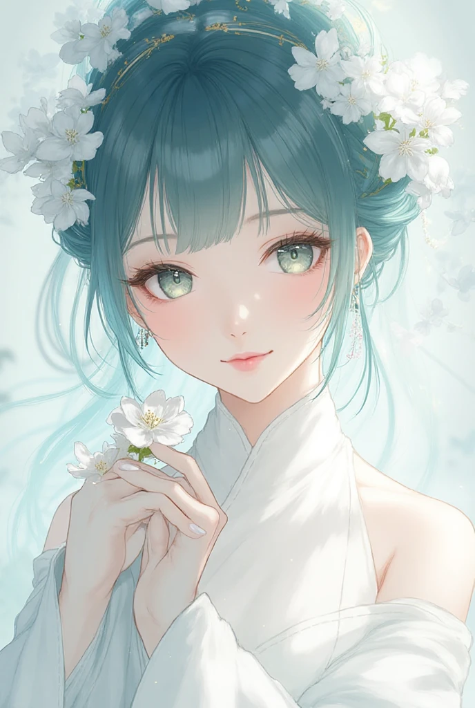 ((top-quality)), ((​masterpiece)), ((ultra-detailliert)), (extremely delicate and beautiful), beautiful woman, bright light blue hair, long hair, sapphire blue eyes, traditional chinese hairstyle, wearing beautiful hanfu dress, sheer green hanfu, flowy shawl, shawl is sheer spring green, sweet smile, relaxed expression, fair complexion, delicate white flowers background