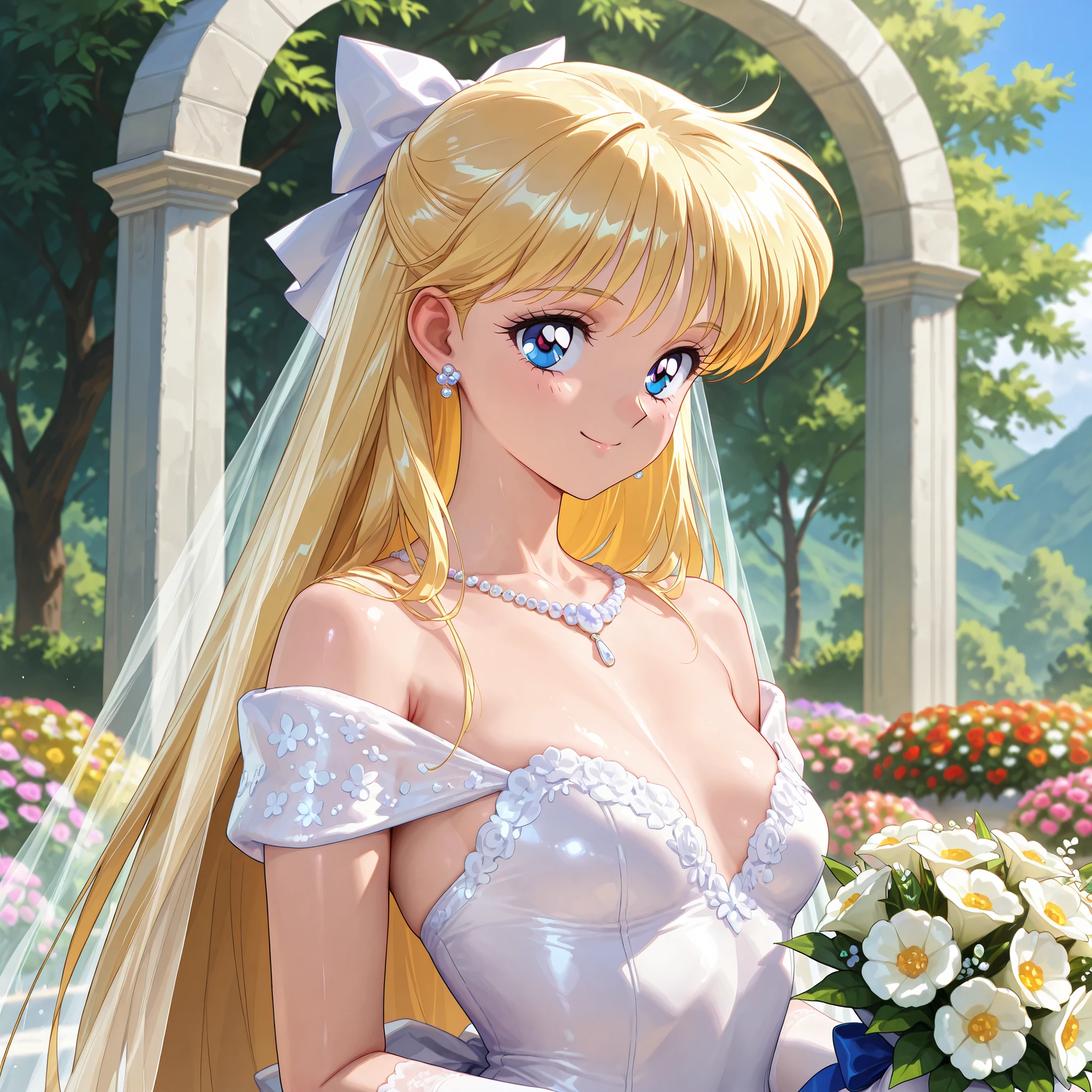 masterpiece, amazing quality, best quality, ultra-detailed, 8K, illustration, ultra-detailed-eyes, soft skin, very awa, very as2, soft body, 1990s \(style\), official art, ainominako, blonde hair, blue eyes, hair bow, half updo, long hair, small breasts, photography, portrait, beautiful bride, jewelry, earrings, ornamented wedding gloves, expinsive ornamented long wedding_dress, expensive gorgeous ornamented , elegantly posing, wedding arch, outdoors, beautiful flower garden on backround, holds a bouquet, smile, upper body