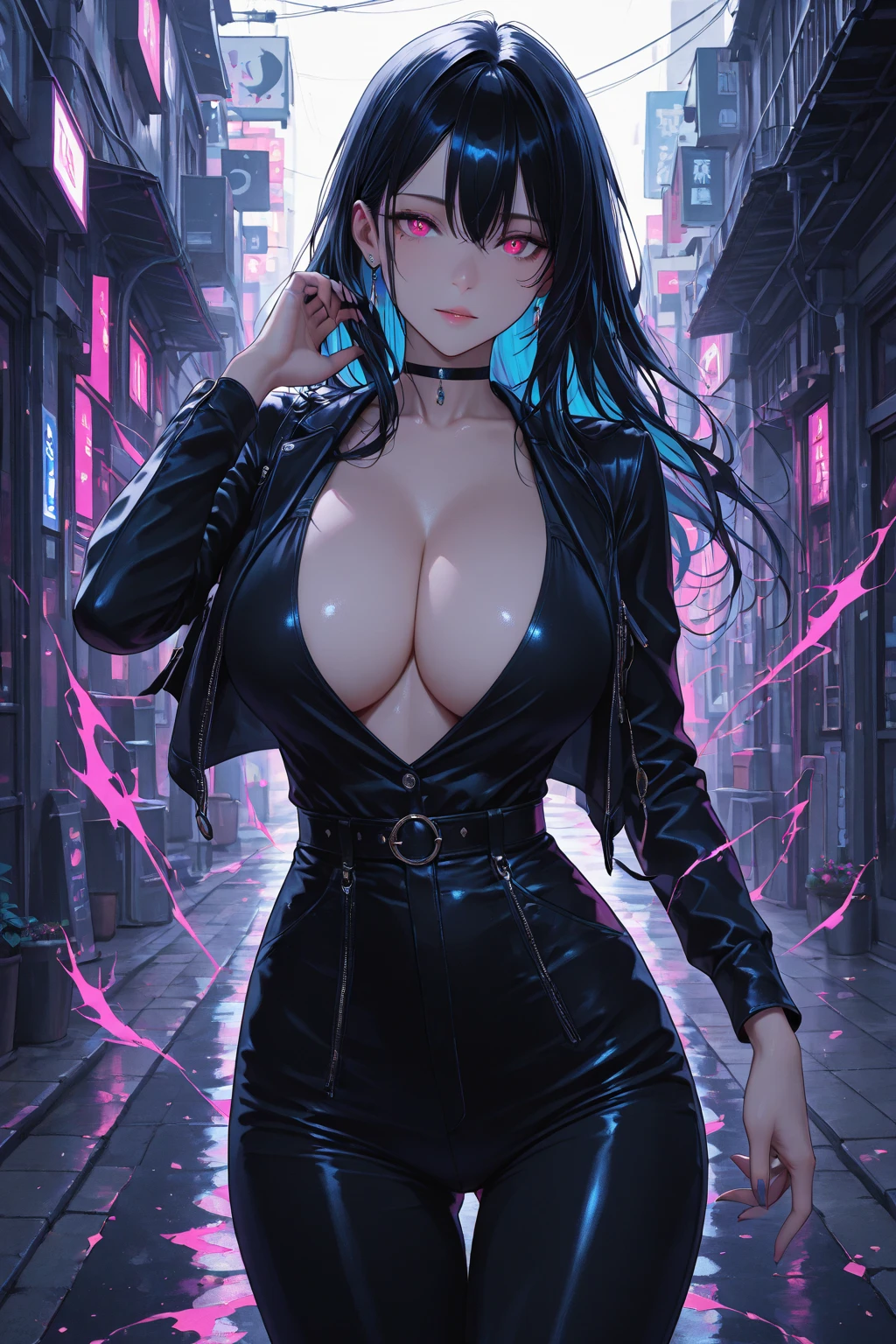 ((masterpiece))、(top-quality)、(detailed, 27 years old)、(1girl, her is seen) shoulder length highlight hair ((she's seductively standing alluringly ?????? revealing herself through opening her outfit )). Background is a Highly detailed cyberpunk club with multicolor LED lights. Luminous.