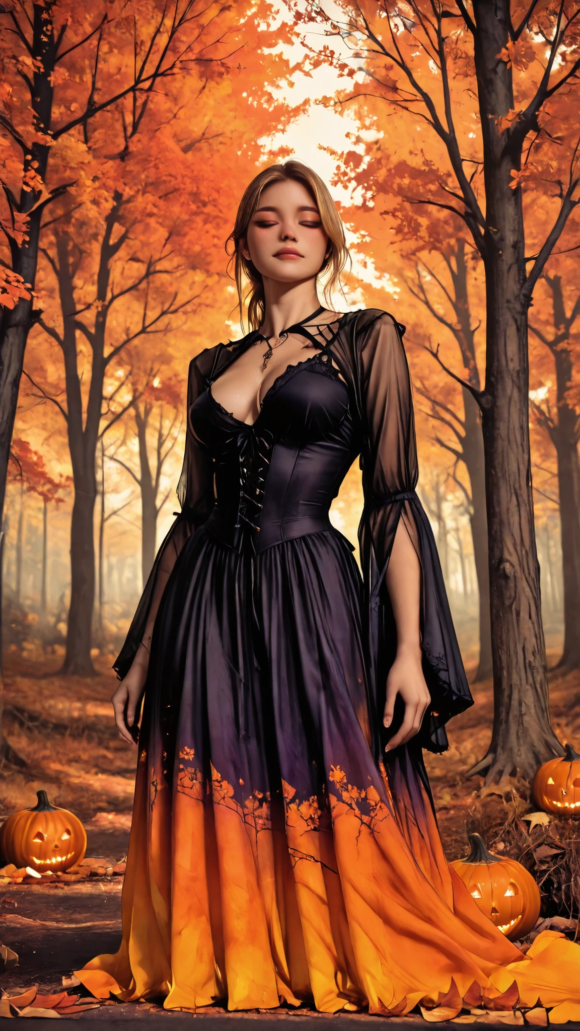 stunning, beautiful woman, autumn, halloween, stunning background, detailed facial features, elegant posture, serene expression, detailed dress, golden hair, HDR, 8K, photorealistic, professional photography, dramatic lighting, vibrant autumn colors, moody atmosphere, fantasy forest, haunting Halloween elements, dramatic contrast