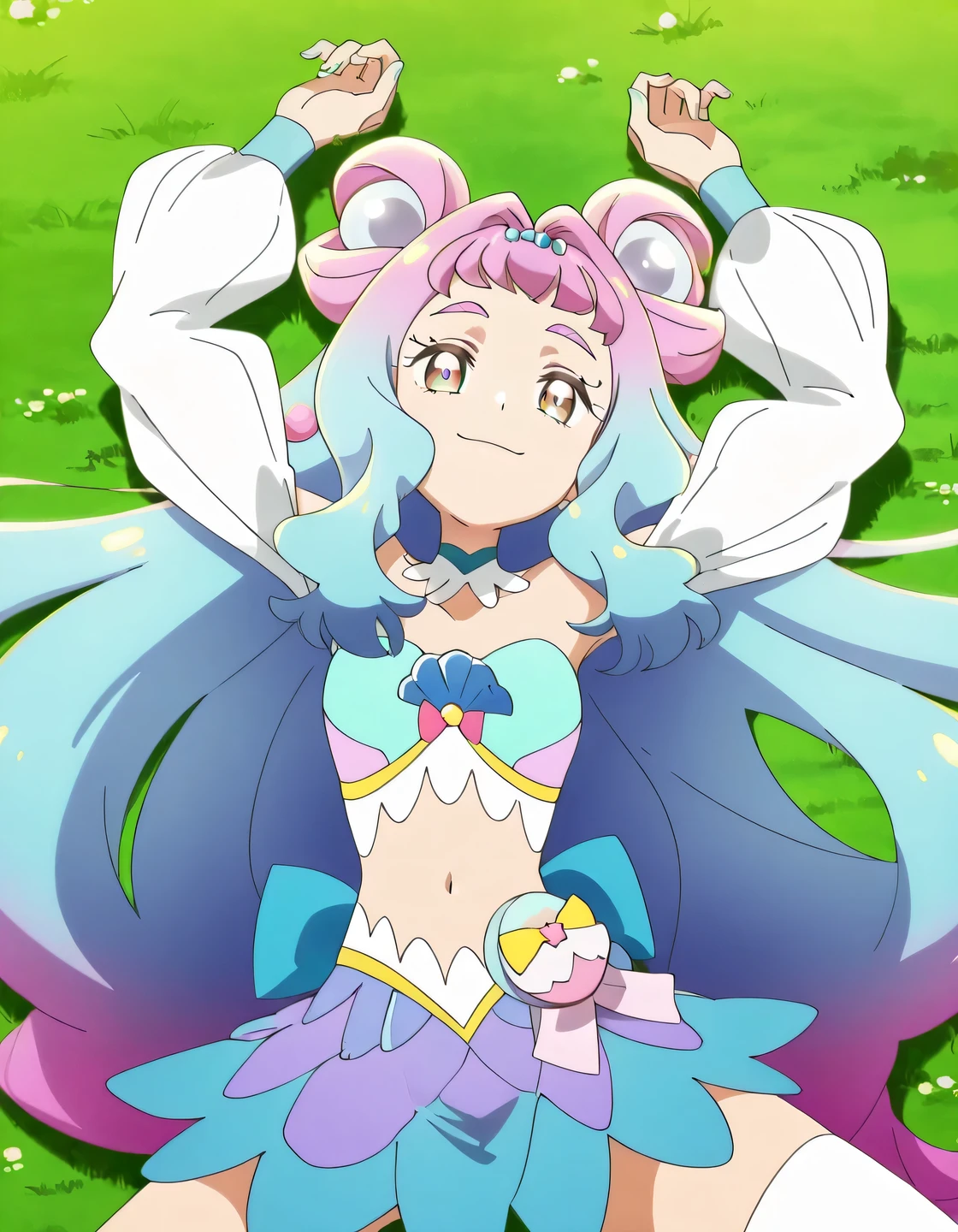 curelamer, lamercostume, anime screencap, high quality, solo, lying, on back, on grass, arms up, spread legs, overhead view, cowboy shot, closed mouth, looking at viewer, smile, best quality