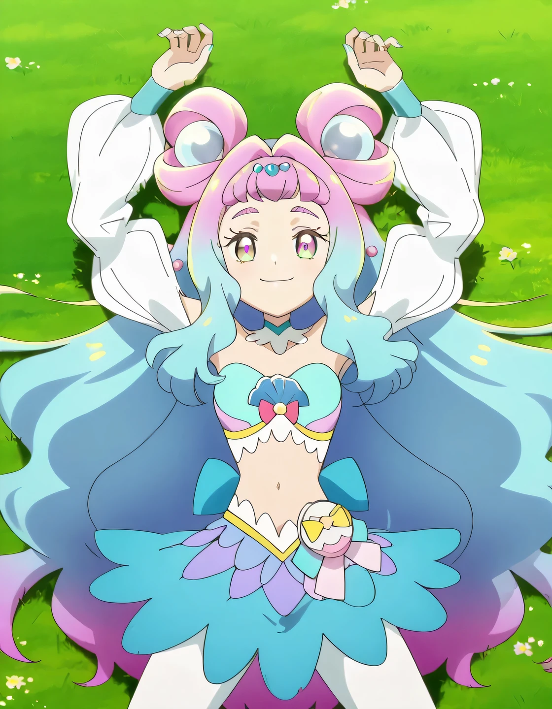 curelamer, lamercostume, anime screencap, high quality, solo, lying, on back, on grass, arms up, , overhead view, cowboy shot, closed mouth, looking at viewer, smile, best quality