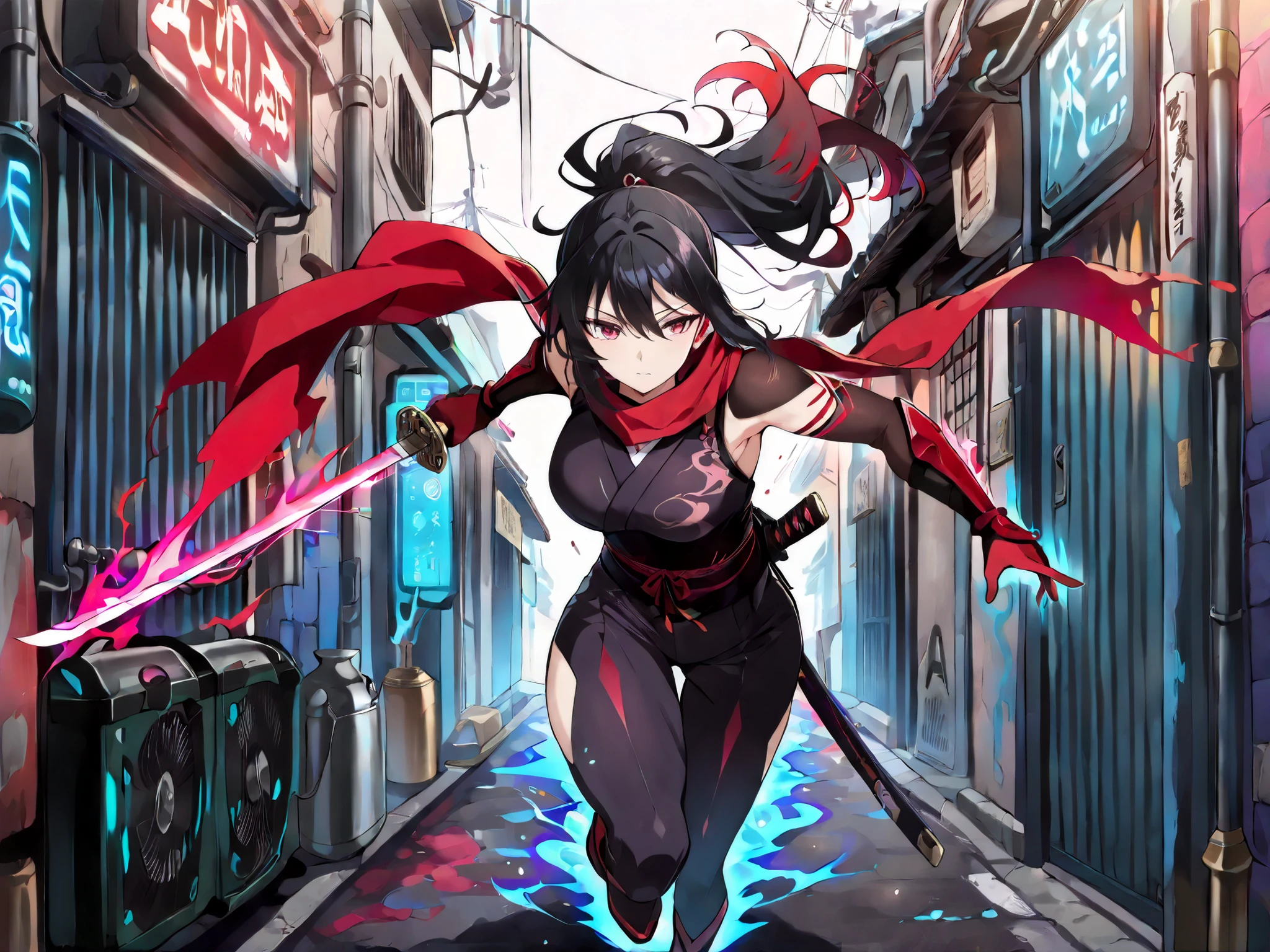 (masterpiece, best quality, absurdres:1.2), 1girl, solo, A kunoichi in a crimson scarf executes a graceful aerial twist, wielding a sleek plasma katana. Her long black hair flows wildly, tipped in red streaks. The background shows a neon-soaked alley with digital graffiti pulsating in violet and turquoise hues.