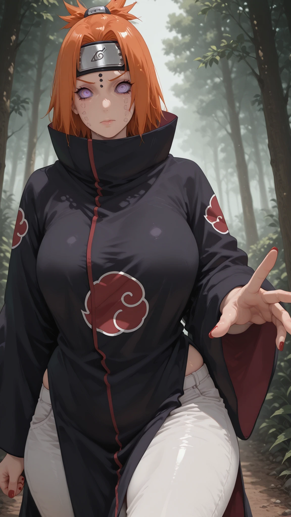 1girl, solo, beautiful girl, UHD, masterpiece, (anatomically correct), super detail, high details, high quality, best quality, HD, 8k
chikushodo, orange hair, purple sclera, ringed eyes, piercing
[body part] piercing
forehead protector, akatsuki uniform, white pants, sandals, red nails
pain chikushodo_\(naruto\), Rinnegan-IL.V1.0, Purple eyes, circled eyes, ringed eyes, no sclera, high collar, long sleeves,cloak, nail polish, Akatsuki outfit, Akatsuki_\(naruto\), round face, cute face, big beautiful eyes, long eyelashes, cowboy shot, look at viewer, poker-faced, big breasts, huge hips, curvy, forest, (Extending one hand forward:1.2), hand focus, palm