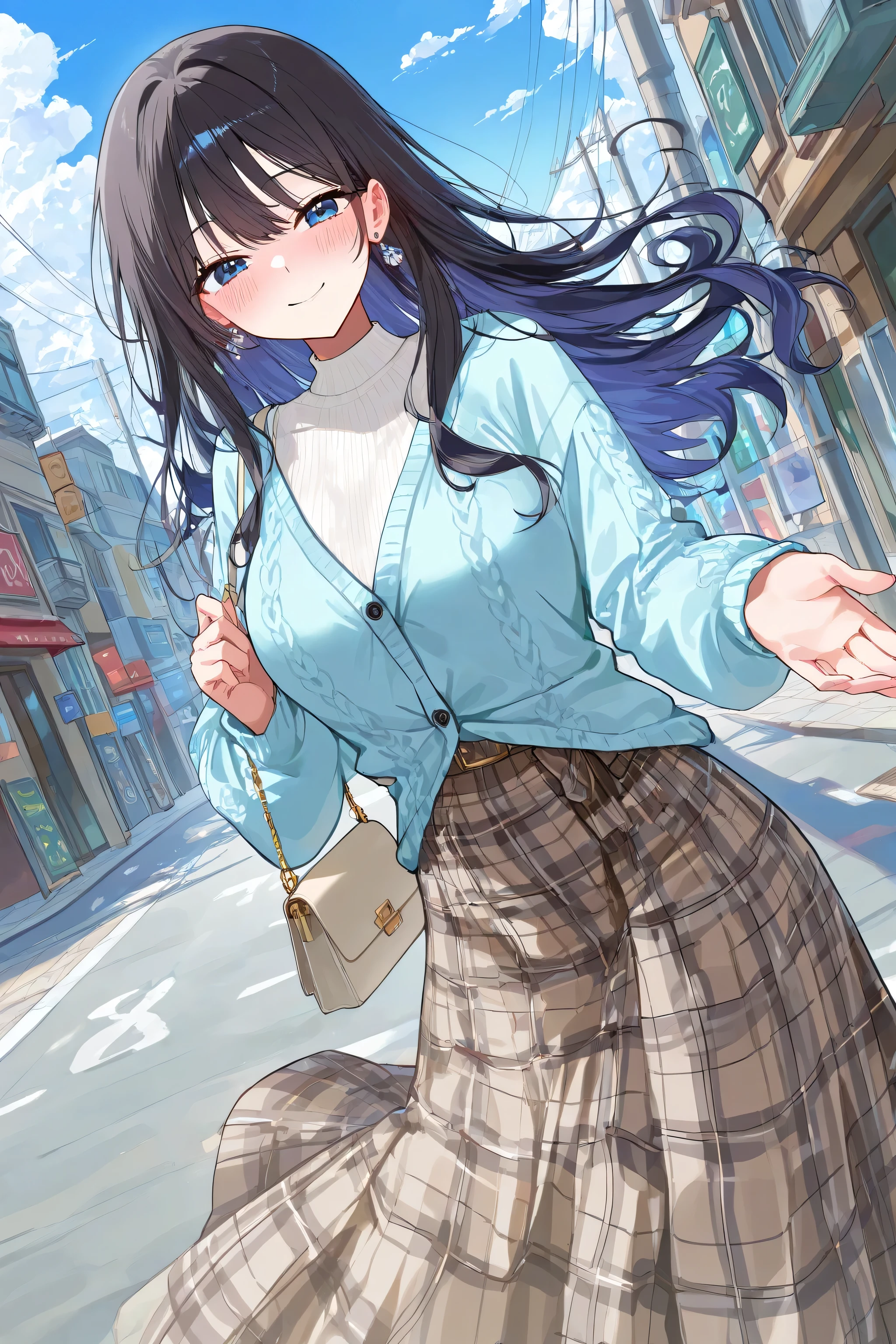 (beautiful girl : 1.3),1 girl,(Light Blue Cardigan,plaid long skirt,earring,small bag),dark haired,Wave Hair,Smile Yan,embarrassing,Blush,Street,Blue Sky,cloud,Dynamic Angle,masterpiece,top quality,Rich Contrasts,HIGH DEFINITION,8k,High Definition CG Unit Wallpaper,Textures,incredibly absurd,RAW pictures,Deep Border 1 .2,very detailed