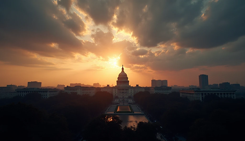 “Washington D.C. skyline at dawn, U.S. Capitol building half in light ...
