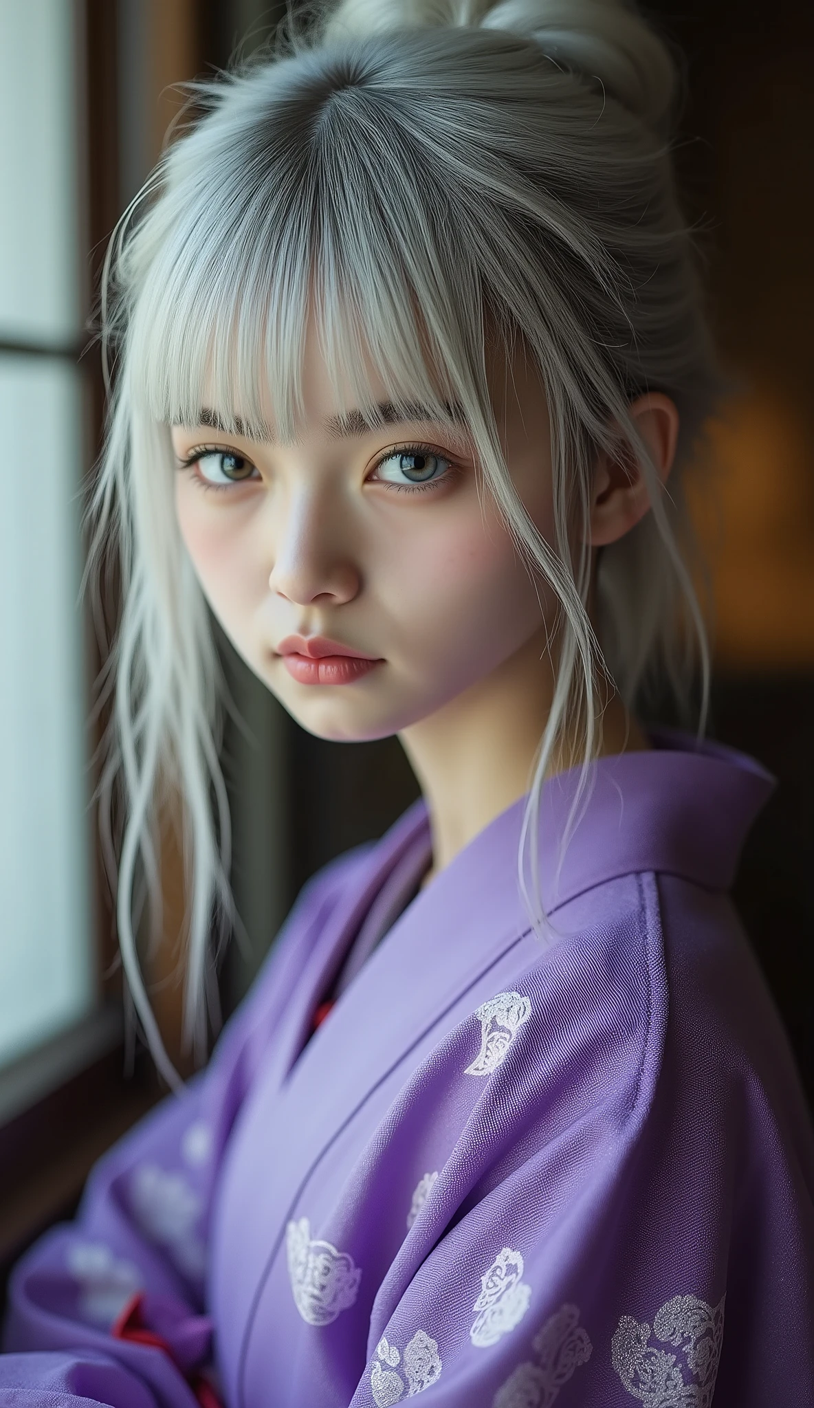 (Scrawny petite delicate thin 13yo demon fox girl with silver nine tails, with pale silver hair bun, as The proprietress of an old Japanese hot spring inn, Wearing a calm purple kimono, with a little slight grin, stunning light expression, "michelle" small red signature in the bottom left, hyperrealism, Biologically correct images:16, innocence, neat and clean, Highest resolution, masterpiece),
(super delicate Scrawny super skinny anorexic pretty petite thin 13yo girl:16, extremely thin, skinny super small babyface as pretty petite 12yo girl:16, extremely skinny anorexic bony pretty petite body as super delicate pretty petite 12yo thin girl, big round eyes, glossy detailed big pupils, no makeup, Beautiful contours, no moles, fairy pale thin skin, very delicate and very narrow shoulders as thin 11yo pretty petite girl, super skinny 11yo girlish thin thighs, skinny 11yo girlish small ass),