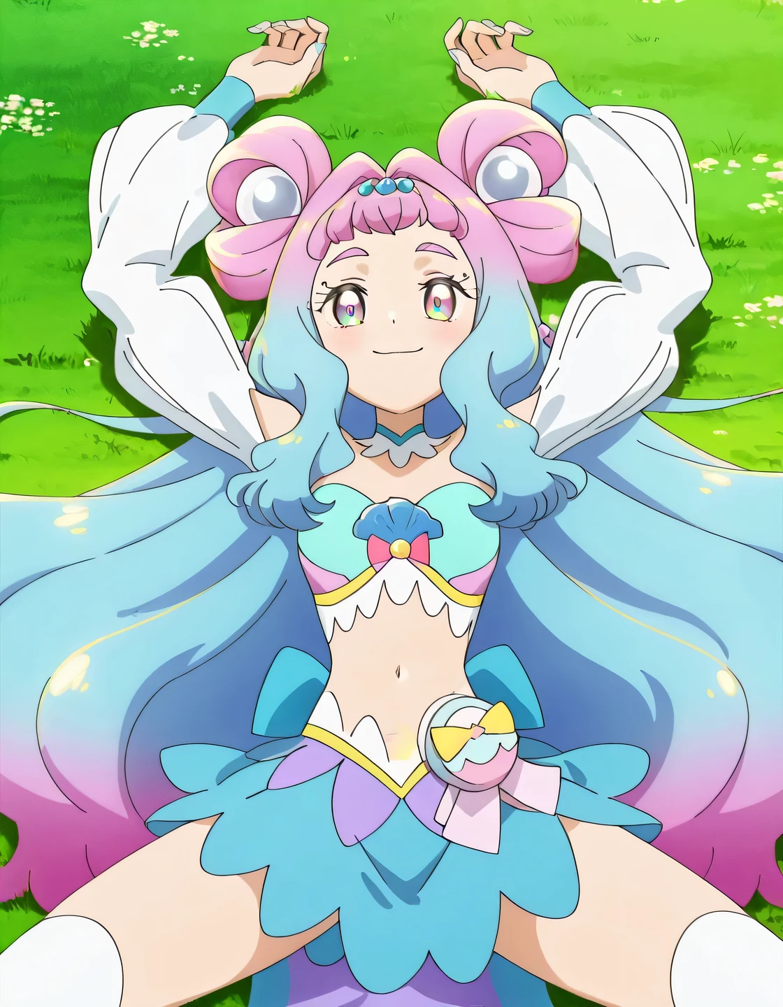 curelamer, lamercostume, anime screencap, high quality, solo, lying, on back, on grass, arms up, , overhead view, cowboy shot, closed mouth, looking at viewer, smile, best quality