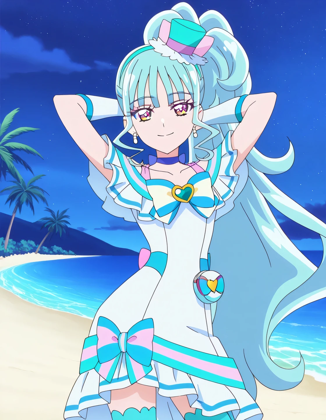 Cure Lillian, light blue hair, very_long_ponytail, wavy hair, purple_eyes, multicolored eyes, small_breasts, earrings, mini hat, hair_ornaments, bangs, light blue precure costumes, anime screencap, high quality, solo, night sky, beach, arms behind head, ((contrapposto)), closed mouth, cowboy shot, looking at viewer, smile, best quality