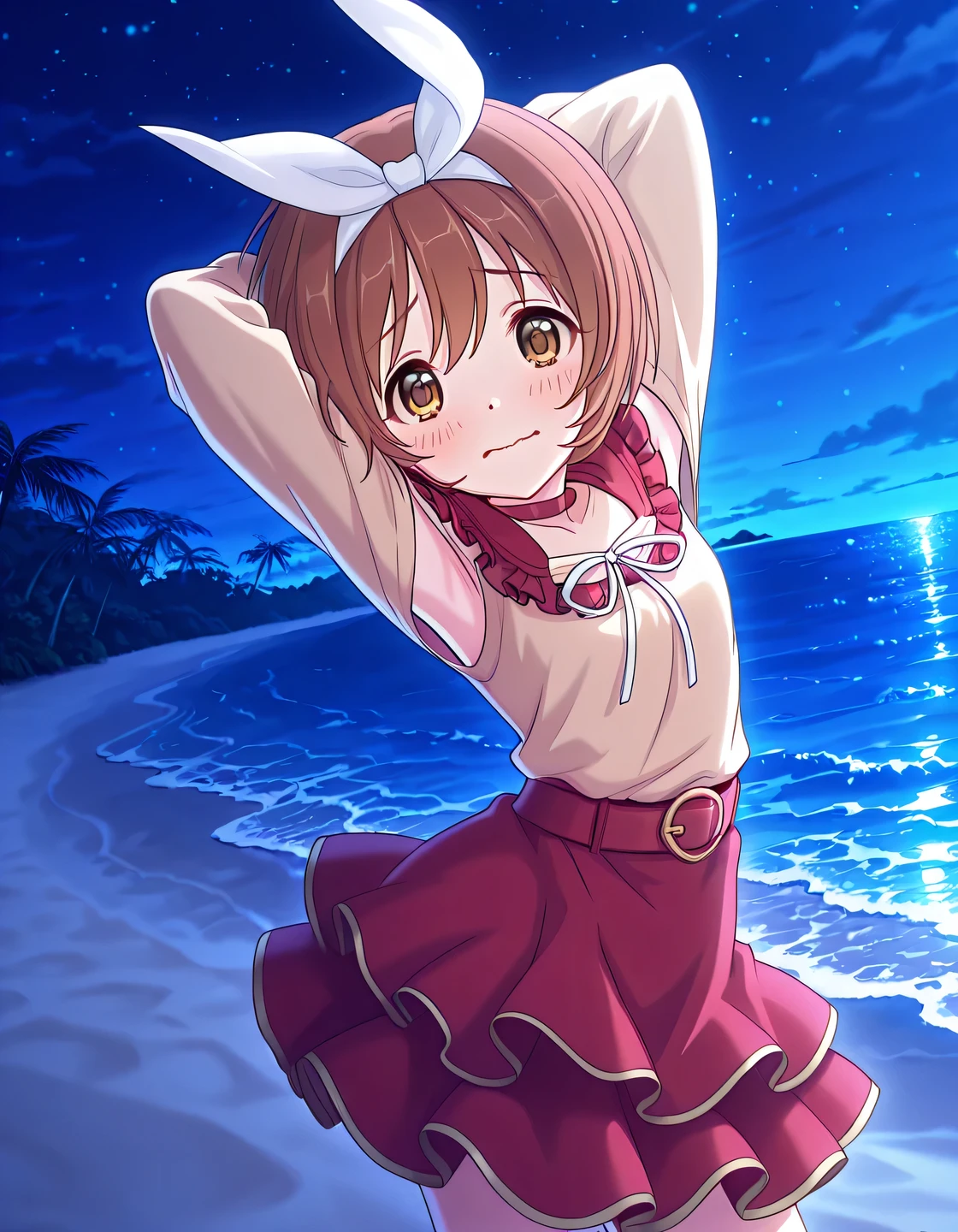 rlpkrmi, short hair, brown hair, hairband, hair ribbon, brown eyes, white ribbon, frilled shirt collar, red collar, beige shirt, long sleeves, red skirt, frilled skirt, white frills, anime screencap, high quality, solo, night sky, beach, armpits, (hands behind head), ((contrapposto)), closed mouth, cowboy shot, looking at viewer, wavy mouth, shy, best quality