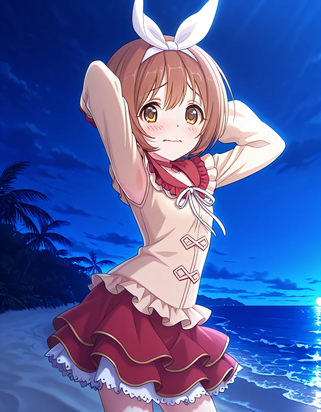 rlpkrmi, short hair, brown hair, hairband, hair ribbon, brown eyes, white ribbon, frilled shirt collar, red collar, beige shirt, long sleeves, red skirt, frilled skirt, white frills, anime screencap, high quality, solo, night sky, beach, armpits, (hands behind head), ((contrapposto)), closed mouth, cowboy shot, looking at viewer, wavy mouth, shy, best quality