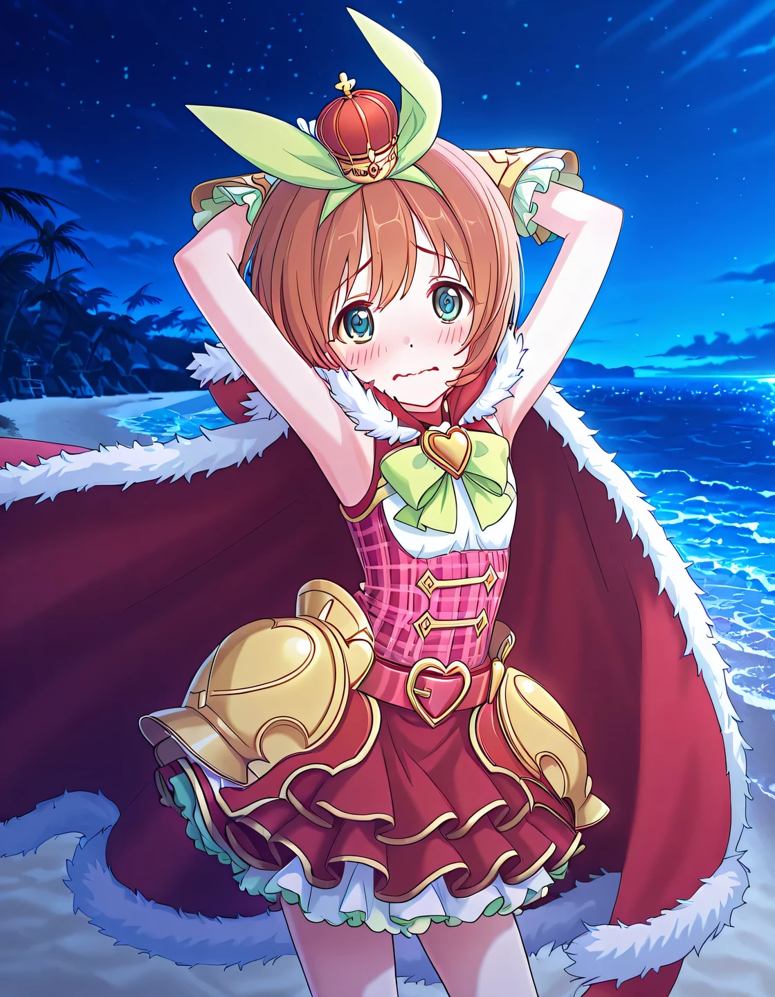 pcrkrmi, short hair, brown hair, hairband, hair ribbon, blue eyes, pkrmmas, green ribbon, crown, fur-trimmed cape, red cape, green bowtie, heart brooch, white shirt, plaid shirt, red shirt, red belt, hip armor, white gloves, dark red skirt, white skirt, layered skirt, frilled skirt, anime screencap, high quality, solo, night sky, beach, armpits, (hands behind head), ((contrapposto)), closed mouth, cowboy shot, looking at viewer, wavy mouth, shy, best quality
