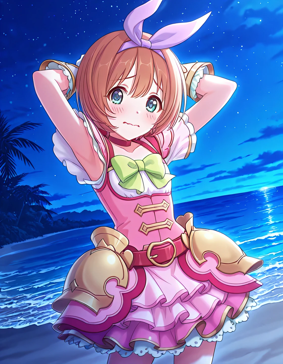 pcrkrmi, short hair, brown hair, hairband, hair ribbon, blue eyes, pkrmdef, purple ribbon, short sleeves, pink dress, white shirt, green bowtie, red choker, red belt, hip armor, white gloves, white skirt, layered skirt, anime screencap, high quality, solo, night sky, beach, armpits, (hands behind head), ((contrapposto)), closed mouth, cowboy shot, looking at viewer, wavy mouth, shy, best quality
