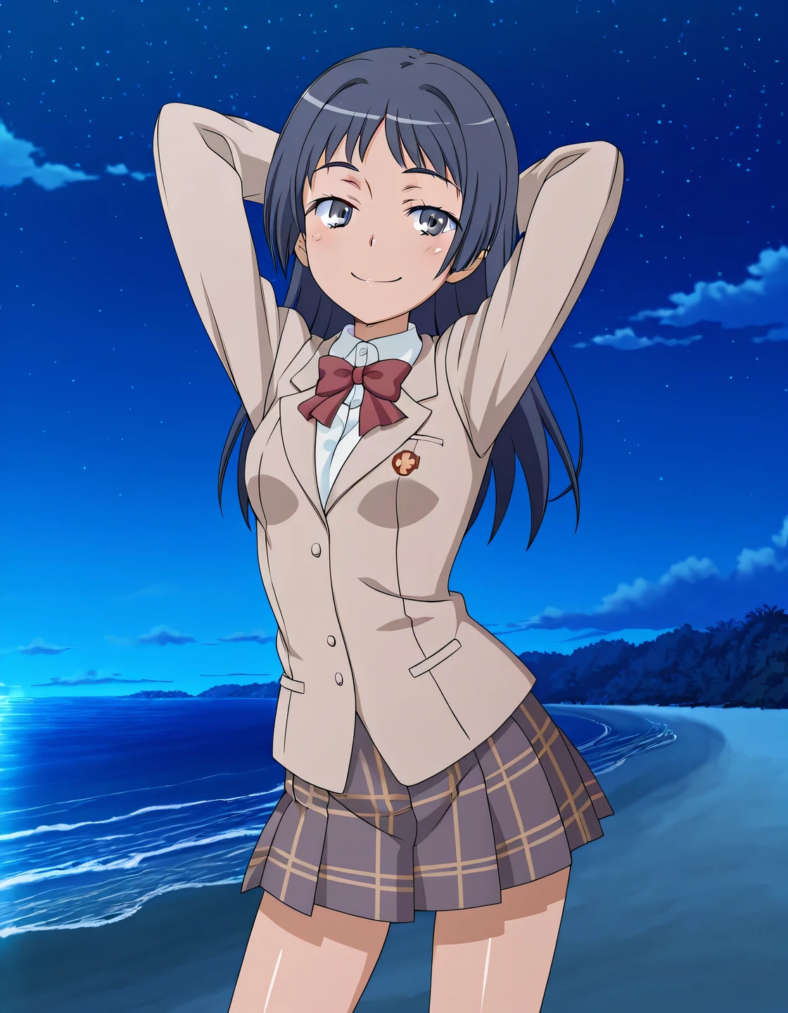 maaya awatsuki \(railgun\), Toaru Kagaku no Railgun & Index anime style, dark blue hair, long hair, bangs, sidelocks, blue eyes, tokiwadai school uniform, winter uniform, red bowtie, brown jacket, dress shirt, white shirt, collared shirt, long sleeves, plaid skirt, pleated skirt, miniskirt, small breasts, anime screencap, high quality, solo, shiny skin, night sky, beach, arms behind head, (contrapposto), closed mouth, smile, medium shot, cowboy shot, looking at viewer, best quality