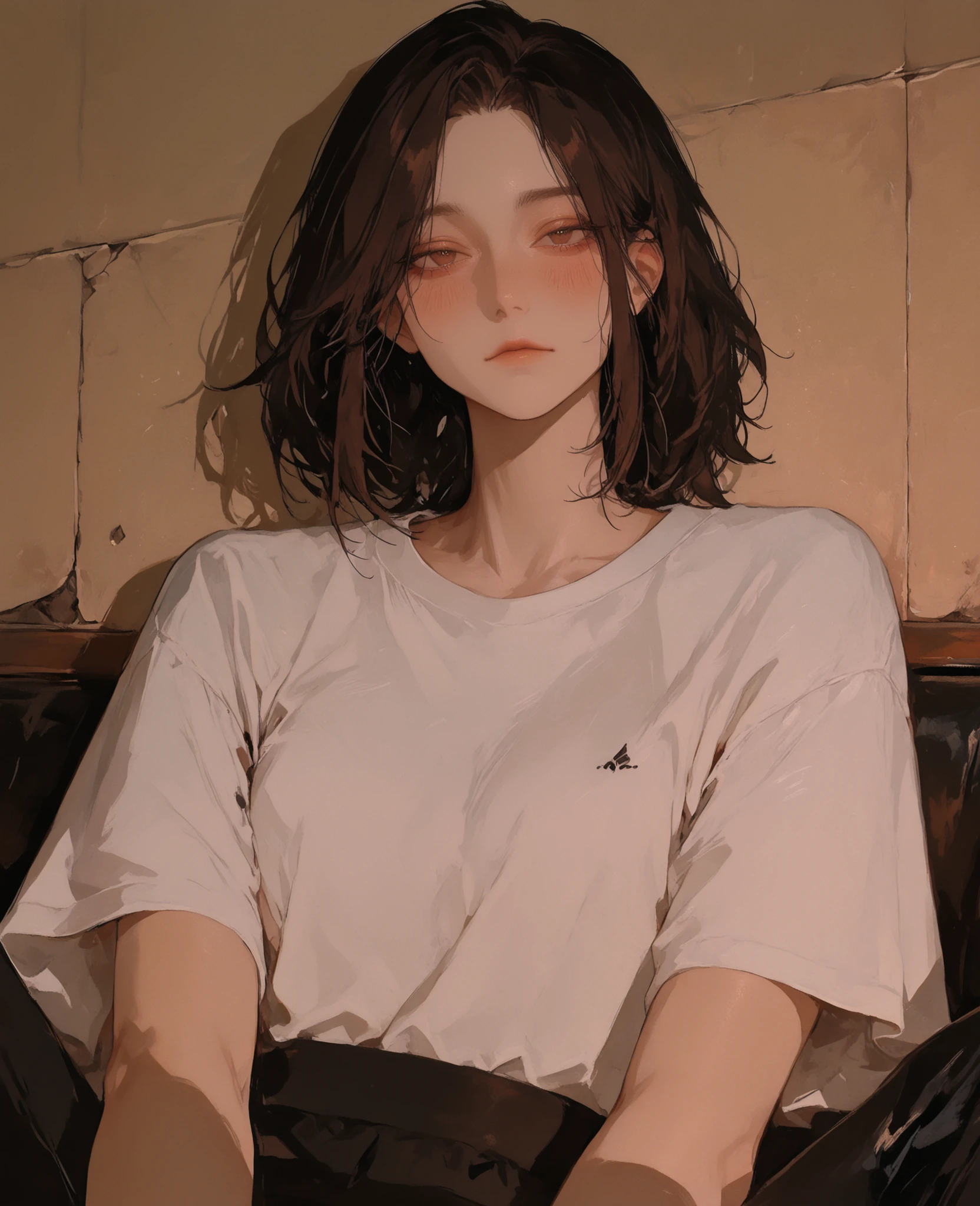 masterpiece, best quality, amazing quality, very aesthetic, absurdres, newest, anatomically accurate, 16k, UHD, accurate, expressive, anime screenshots, anime colorization, (8k), (detailed background: 1.4), (ultra detailed: 1.2), 748cm style, Expressiveh, official wallpaper,BREAK, 1 man, (original character), short tousled dark brown hair, deep hazel eyes, warm beige skin, confident and charismatic expression, athletic and elegant build, height 178cm, (white fitted t-shirt: 1.3), black slim-fit pants, soft shadow behind, dramatic lighting highlighting facial contours, subtle blush, (look at viewer: 1.3), expressive eyes, closed mouth, relaxed gaze,BREAK, minimal background, light-colored wall, subdued tones, cinematic composition,BREAK, upper-body view, hands out of frame, seated pose, natural indoor lighting,BREAK, static angle, (same room setting), (light and shadow interplay), masterpiece, best quality, amazing quality, very aesthetic, absurdres, newest, volume lighting