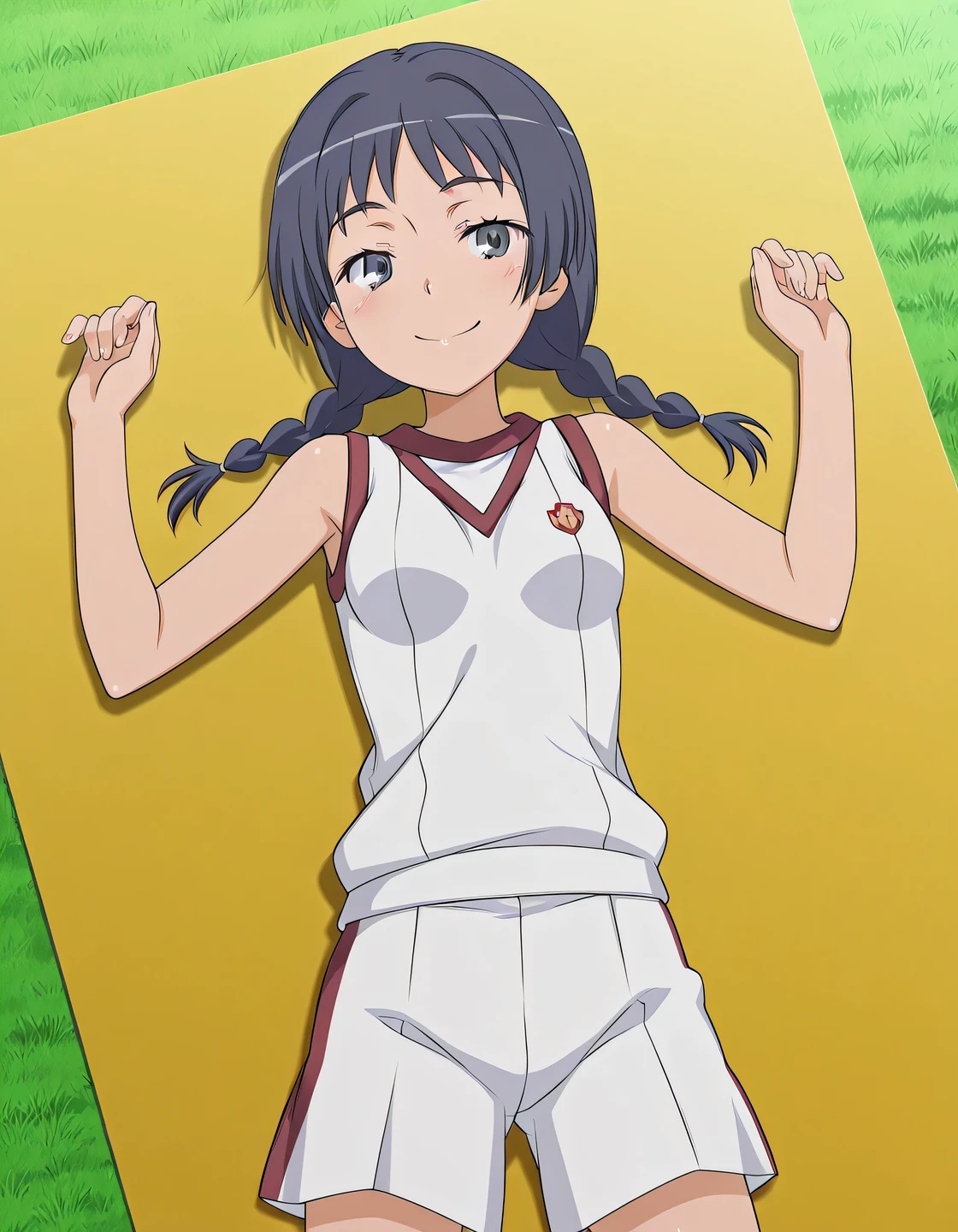 maaya awatsuki \(railgun\), Toaru Kagaku no Railgun & Index anime style, dark blue hair, long hair, braid, twin braids, blue eyes, tokiwadai gym uniform, gym uniform, bare shoulders, sleeveless shirt, white shirt,  white shorts, small breasts,  anime screencap, high quality, closed mouth, solo, cowboy shot, medium shot, lying, on back, grass, arms up, legs apart, looking at viewer, smile, best quality
