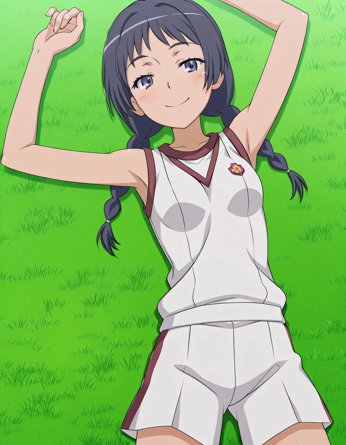 maaya awatsuki \(railgun\), Toaru Kagaku no Railgun & Index anime style, dark blue hair, long hair, braid, twin braids, blue eyes, tokiwadai gym uniform, gym uniform, bare shoulders, sleeveless shirt, white shirt,  white shorts, small breasts,  anime screencap, high quality, closed mouth, solo, cowboy shot, medium shot, lying, on back, grass, arms up, legs apart, looking at viewer, smile, best quality