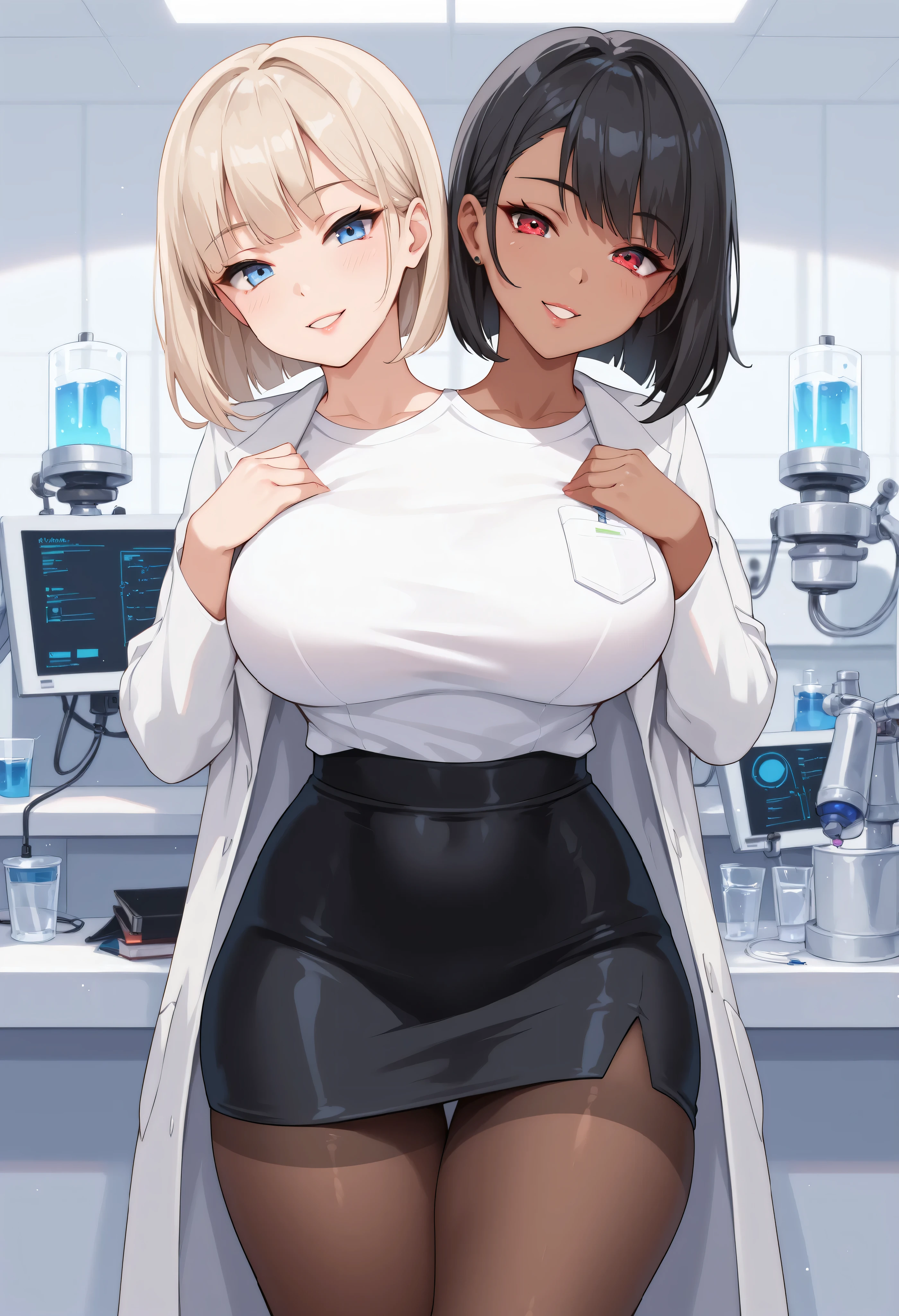conjoined, 2girls, 2heads, two heads, a tall thin girls with 2 heads, white hair, black hair, blue eyes, red eyes, half dark skin and light beige skin, two tone skin, light beige skin, dark skin, white shirt, lab coat, black pencil Skirt, black pantyhose, front shots, thighs, laboratory, twins,