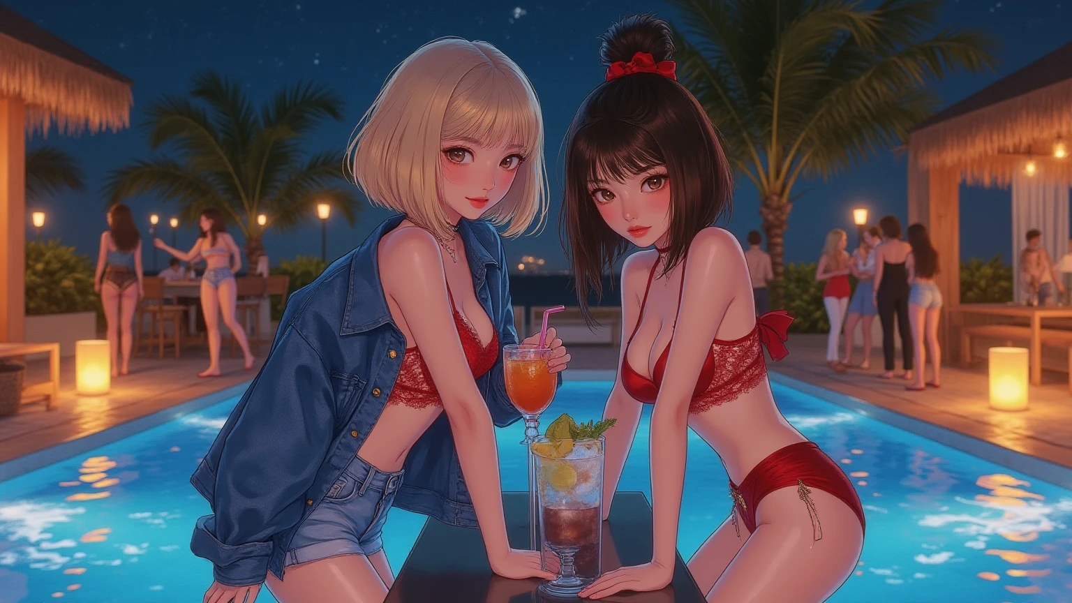 Highest quality,Highest Resolution,A crying beauty in a super high-cut swimsuit,Night Pool,Night view,Back view,up,Very beautiful eyes,(((Drink a drink))),(((Open your mouth and drool))),(((Sweat profusely)))Tears,???????????,(((Ｔback)))