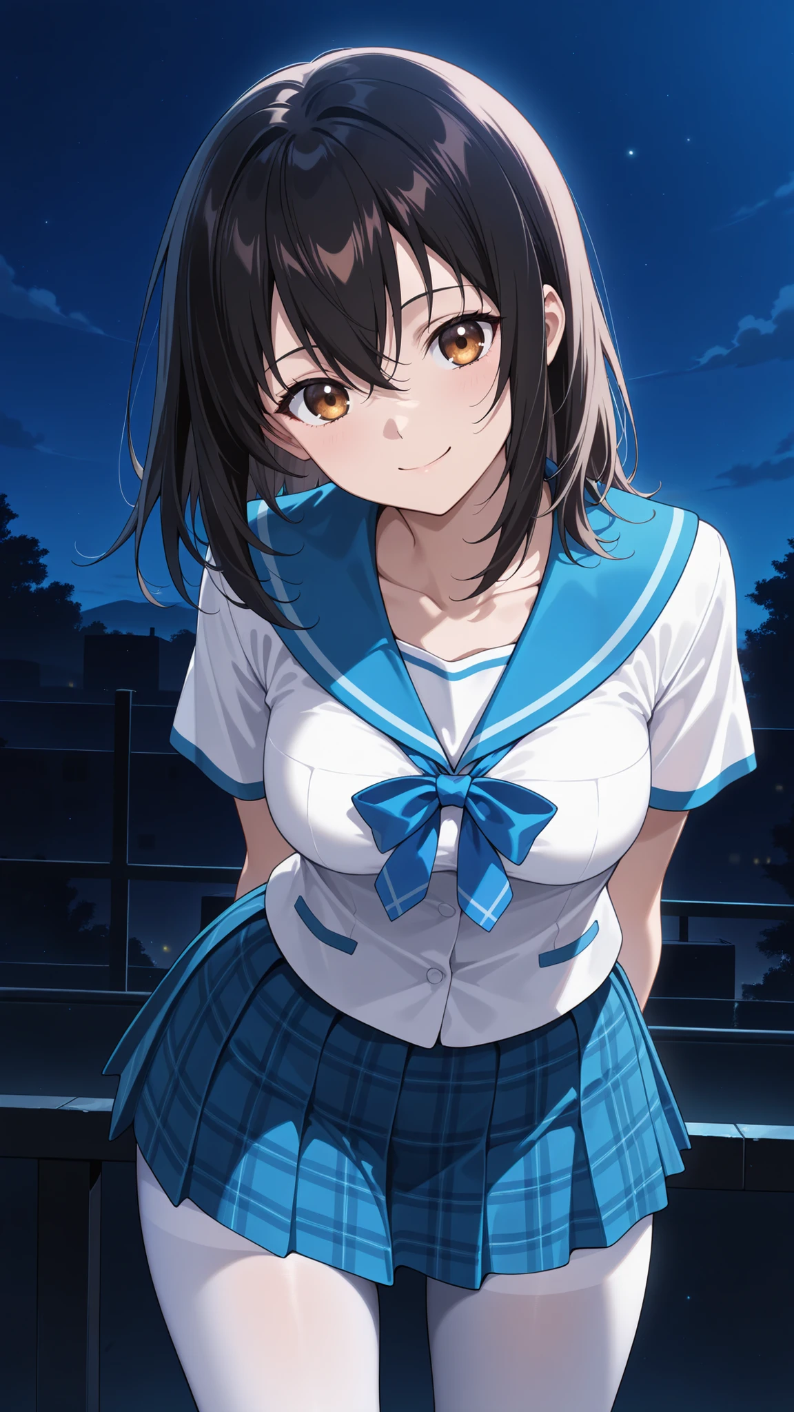 highres,absurdres,cowboy shot,1girl,solo,aayukina,medium hair,black hair,brown eyes,collarbone,medium breasts,school uniform,blue sailor collar,blue bow,white shirt,short sleeves,plaid miniskirt,blue skirt,white pantyhose,night,dark park,dark,contrapposto,arms behind back,smile,leaning forward,headtilt,