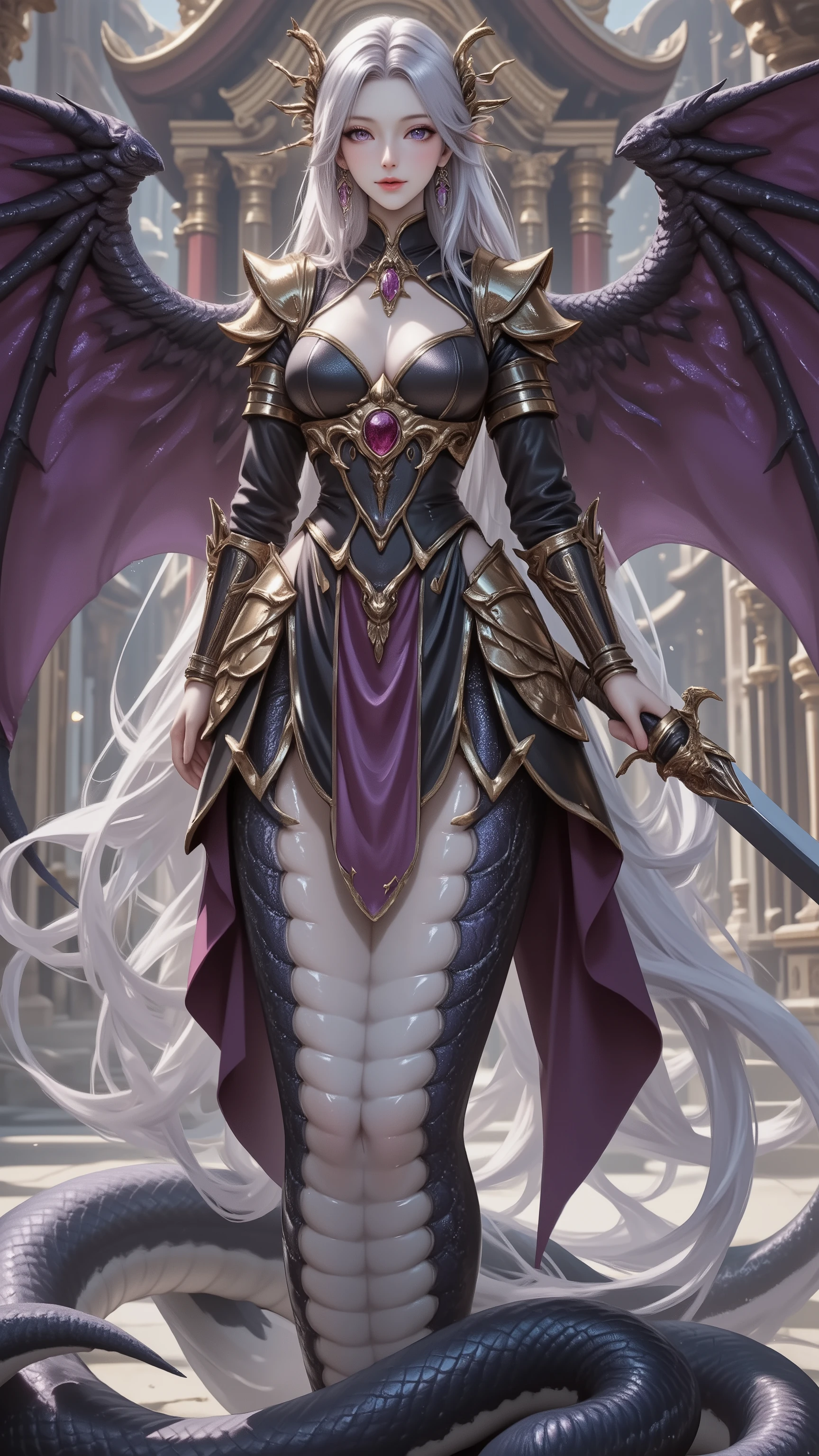 perfect proportions,masterpiece,Sophisticated details Jie,Fine Art, Exquisite Face, Artwork, best ,high resolution, Fantasy Style ,high resolution8K CG壁紙。upper body,Quadruple View。
beautiful Lamia。 upper body為嬌豔的女性,The lower half is a snake。perfect appearance ,perfect figure。White and tall。whose long, flowing silver and white hair falls like a waterfall。Violet Eyes。with huge black fleshy wings。
worn with gorgeous deep purple metal armor。intricate gold trim。Dotted with Ruby Ornament。Armor on the left shoulder,gold like an ornament of extended wings。Emphasizes the curves of her body。Emphasizes the curves of her legs。
Hand Carved Fine Western Sword,sword handle set with amethyst gemstone。
stands in front of a magnificent palace。