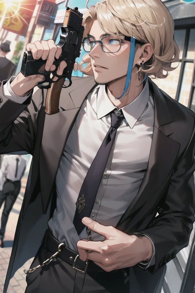 best quality, masterpiece, highres, solo, (beanstalk_arknights:1.10), (black business suit:1.40), (tie:1.20), (sunglasses:1.25), (white gloves:1.15), (white shirt:1.10), (black skirt:1.15), (smoking:1.20), handsome, 19 <lora:beanstalk_arknights:0.80>