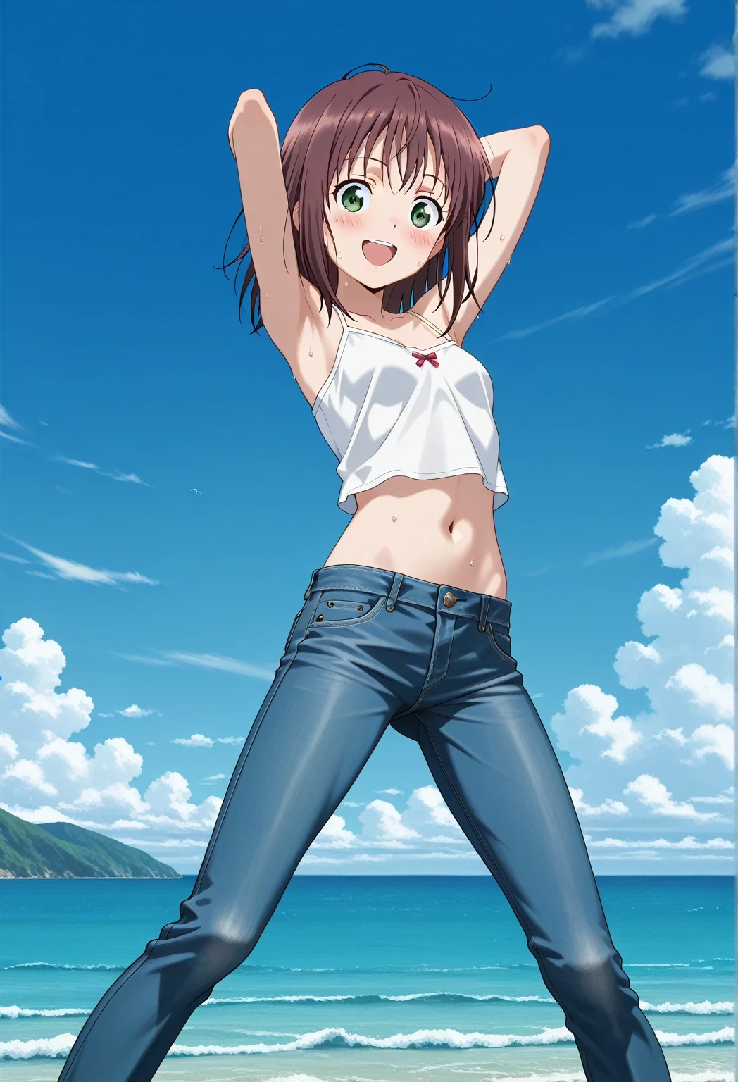 score_9, score_8_up, score_7_up, source_anime, highres, hi res, ((best quality, top quality, perfect quality, Highest Quality, amazing quality)), {{masterpiece}}, {{an extremely delicate and beautiful}}, 2d, intricate details, official style, anime, 8k, anime style, official_anime, official art, digital painting, cell shading, soft shading, high resolution, soothing tones, Subdued Color, Soft cinematic light, adobe lightroom, photolab, HDR, intricately and hyper-detailed, ((high quality animation)), 1 girl, Alone, solo, ((ocean)), tsunami, on the water, day, sunny, outdoors, sky, windy, ellif, brown hair, green eyes, medium hair, anime screencap, small , white camisole top, crop top, white crop top, best quality, hyper-detailed jeans, ((blue jeans:1.9)), (dark blue jeans:0.6), full medium body, medium shot, Open mouth, smiling, happy face, blush, sweat, standing, ((arms behind head:6.0)), bowlegged, jumping pose, action, looking at viewer, , Bend knees slightly, straight-on front view