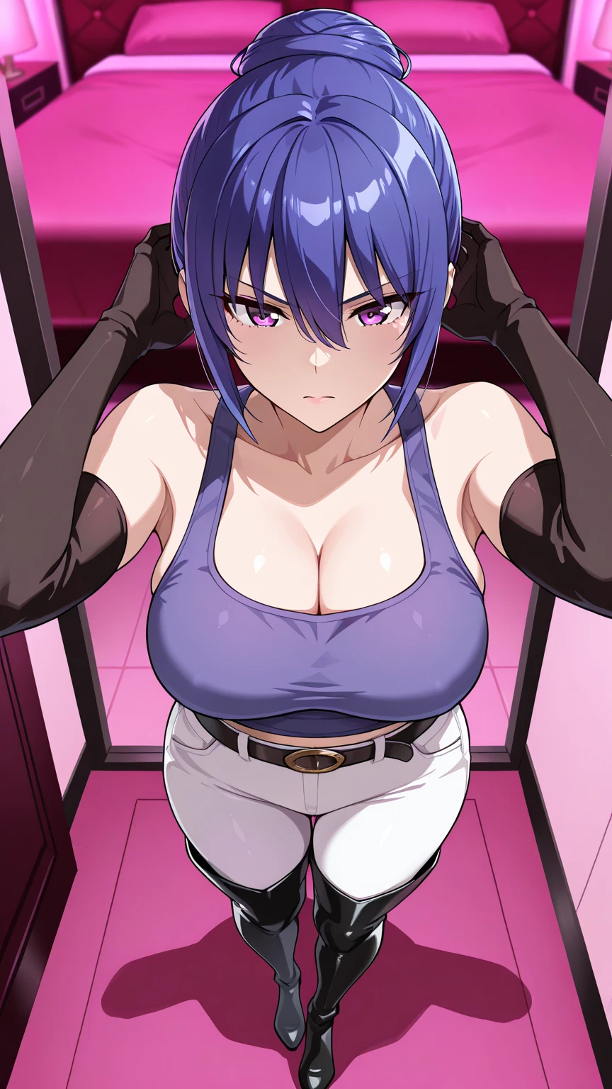 pornstar's massive  out of  spaghetti strap tank top out  and wet boots , gloved hands hidden behind head, blindfold

