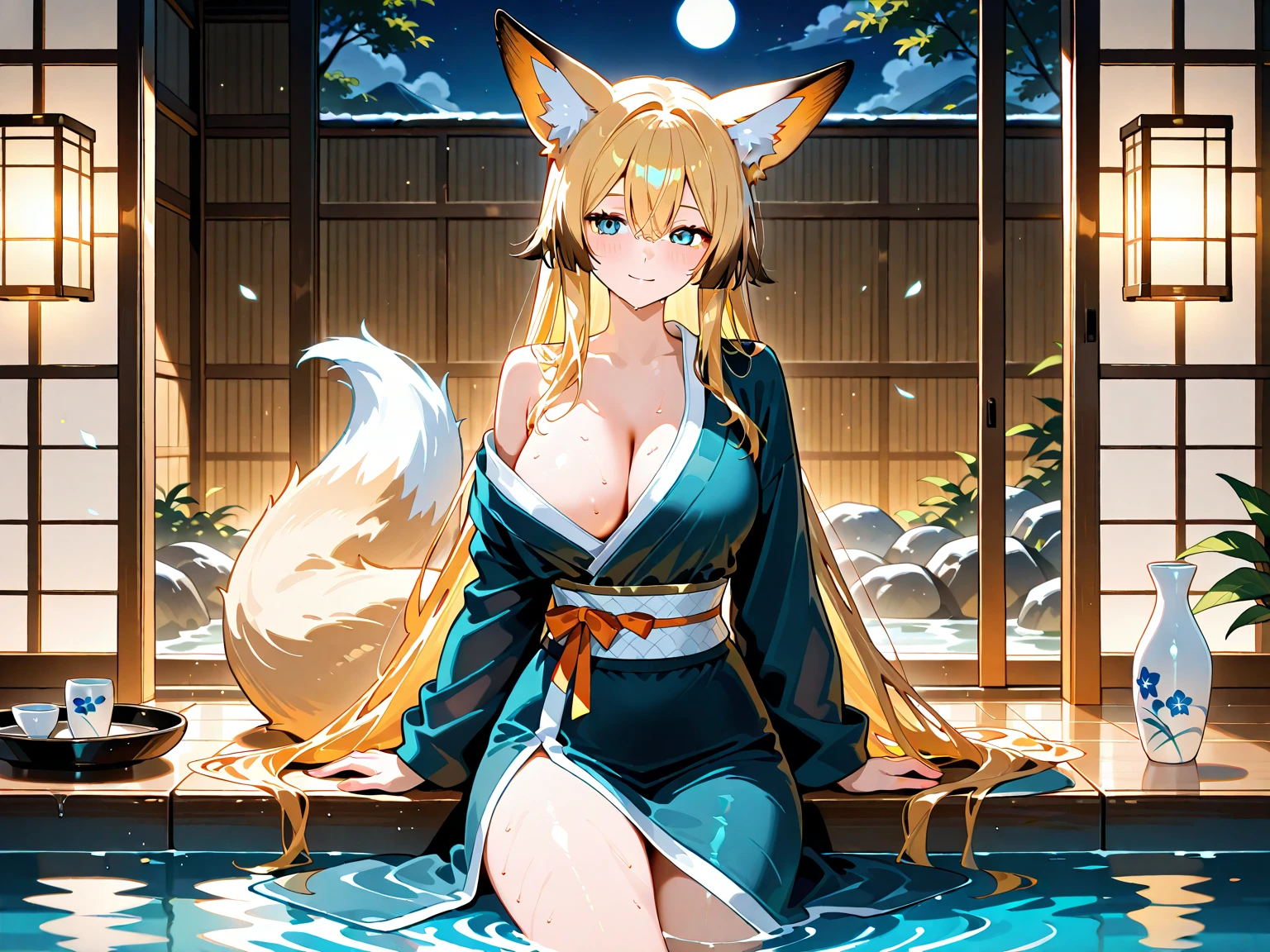 (masterpiece,best quality,very aesthetic,ultra-detailed),(illustration,official art),nsfw,solo,BREAK,1girl,30yo,curvy,large breasts,tall,stout build,bewitching,(blonde fox ears),(a fox tail),(blonde hair,short hair,messy hair),disheveled hair,(brown foxy eyes),half closed eyes,beautiful face,comfortable,calming,(smirk:0.7),Fantastic atmosphere,evening,Night sky,Fireflies glowed and flew along a riverbank in Japan, depicting the trajectory of their flight,(flower print dark green loose kimono,pelvic curtain),(scar on breasts,scar on cheek:1.2),standing,hand on cheek,looking away,BREAK,forest,river beach,aerial shot,from above