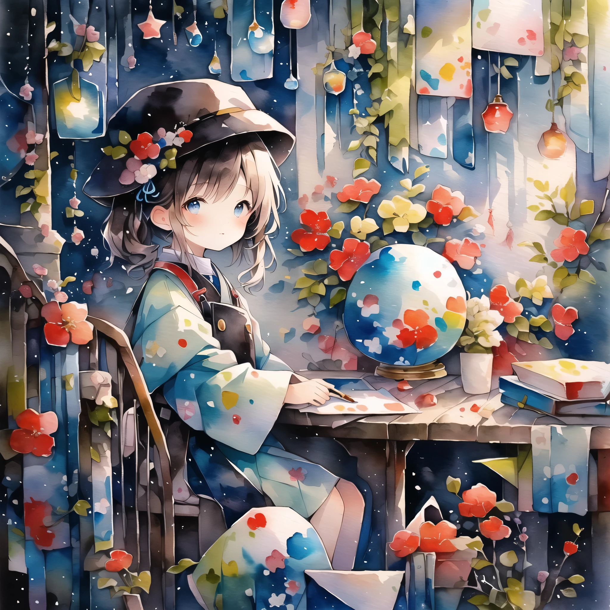 Little girl painting in watercolor