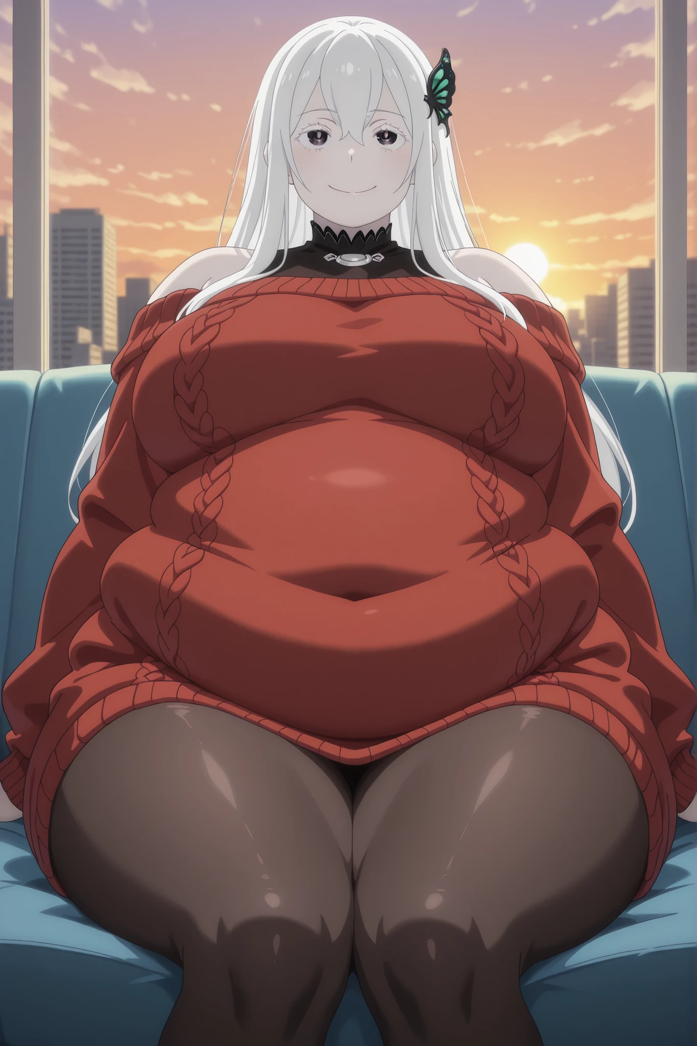 bloated belly,obese,fat,plump,WeightObese,newest , masterpiece , anime screencap , anime coloring , masterpiece, best quality , echidna, 1girl, adult female, milf, motherly, pale skin, long hair, white hair, butterfly hair ornament, open eyes, hair between eyes, bangs, white eyelashes, ractical body shape, glamorous bodies, attractive bodies, motherly, Curvy, Slutty, big breasts, glamorous bodies, thick thighs, Toned thighs, Smile,view detailed body, ((off shoulder , off-shoulder dress , off-shoulder sweater , pantyhose , red sweater , sweater , sweater dress , thighs,)), city manila, ((Sexy,))) sunset, "First-person perspective (POV) of someone lying down on their back , looking up at another person sitting on their lap , facing them . The person sitting has a relaxed but dominant posture , their hands resting on the viewer’s chest or thighs . The scene captures an intimate and intense moment , with the sitting person making direct eye contact with the viewer . Soft lighting , slight depth blur to enhance immersion, tempting flirt sexy