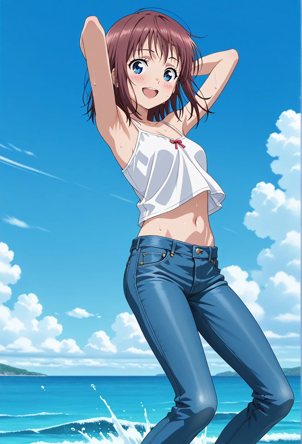 score_9, score_8_up, score_7_up, source_anime, highres, hi res, ((best quality, top quality, perfect quality, Highest Quality, amazing quality)), {{masterpiece}}, {{an extremely delicate and beautiful}}, 2d, intricate details, official style, anime, 8k, anime style, official_anime, official art, digital painting, cell shading, soft shading, high resolution, soothing tones, Subdued Color, Soft cinematic light, adobe lightroom, photolab, HDR, intricately and hyper-detailed, ((high quality animation)), 1 girl, Alone, solo, ((ocean)), tsunami, on the water, day, sunny, outdoors, sky, windy, Maxine_DE, brown hair, blue eyes, medium hair, anime screencap, small breasts, white camisole top, crop top, white crop top, best quality, hyper-detailed jeans, ((blue jeans:1.9)), (dark blue jeans:0.6), full medium body, medium shot, Open mouth, smiling, happy face, blush, sweat, standing, ((arms behind head:6.0)), bowlegged, jumping pose, action, looking at viewer, spread legs, Bend knees slightly, straight-on front view