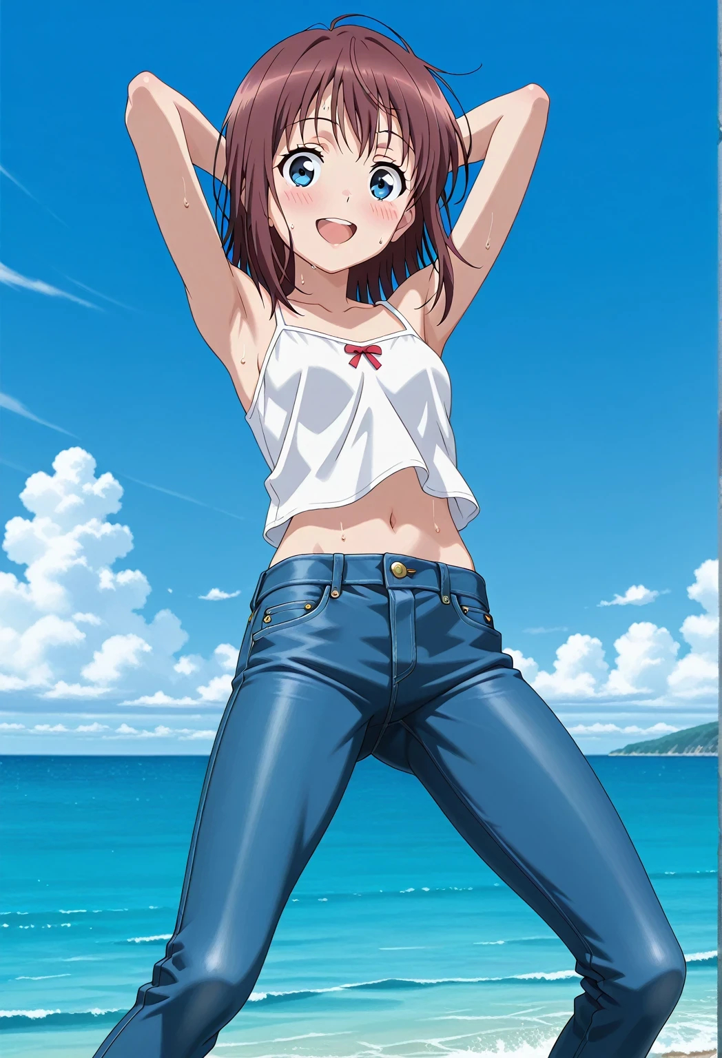 score_9, score_8_up, score_7_up, source_anime, highres, hi res, ((best quality, top quality, perfect quality, Highest Quality, amazing quality)), {{masterpiece}}, {{an extremely delicate and beautiful}}, 2d, intricate details, official style, anime, 8k, anime style, official_anime, official art, digital painting, cell shading, soft shading, high resolution, soothing tones, Subdued Color, Soft cinematic light, adobe lightroom, photolab, HDR, intricately and hyper-detailed, ((high quality animation)), 1 girl, Alone, solo, ((ocean)), tsunami, on the water, day, sunny, outdoors, sky, windy, Maxine_DE, brown hair, blue eyes, medium hair, anime screencap, small breasts, white camisole top, crop top, white crop top, best quality, hyper-detailed jeans, ((blue jeans:1.9)), (dark blue jeans:0.6), full medium body, medium shot, Open mouth, smiling, happy face, blush, sweat, standing, ((arms behind head:6.0)), bowlegged, jumping pose, action, looking at viewer, spread legs, Bend knees slightly, straight-on front view