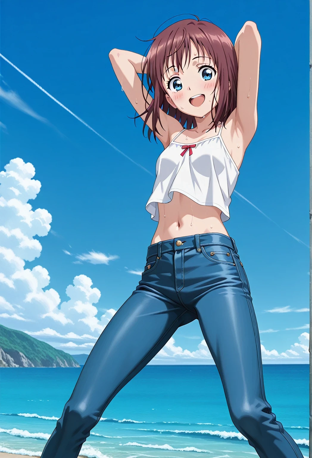 score_9, score_8_up, score_7_up, source_anime, highres, hi res, ((best quality, top quality, perfect quality, Highest Quality, amazing quality)), {{masterpiece}}, {{an extremely delicate and beautiful}}, 2d, intricate details, official style, anime, 8k, anime style, official_anime, official art, digital painting, cell shading, soft shading, high resolution, soothing tones, Subdued Color, Soft cinematic light, adobe lightroom, photolab, HDR, intricately and hyper-detailed, ((high quality animation)), 1 girl, Alone, solo, ((ocean)), tsunami, on the water, day, sunny, outdoors, sky, windy, Maxine_DE, brown hair, blue eyes, medium hair, anime screencap, small breasts, white camisole top, crop top, white crop top, best quality, hyper-detailed jeans, ((blue jeans:1.9)), (dark blue jeans:0.6), full medium body, medium shot, Open mouth, smiling, happy face, blush, sweat, standing, ((arms behind head:6.0)), bowlegged, jumping pose, action, looking at viewer, spread legs, Bend knees slightly, straight-on front view