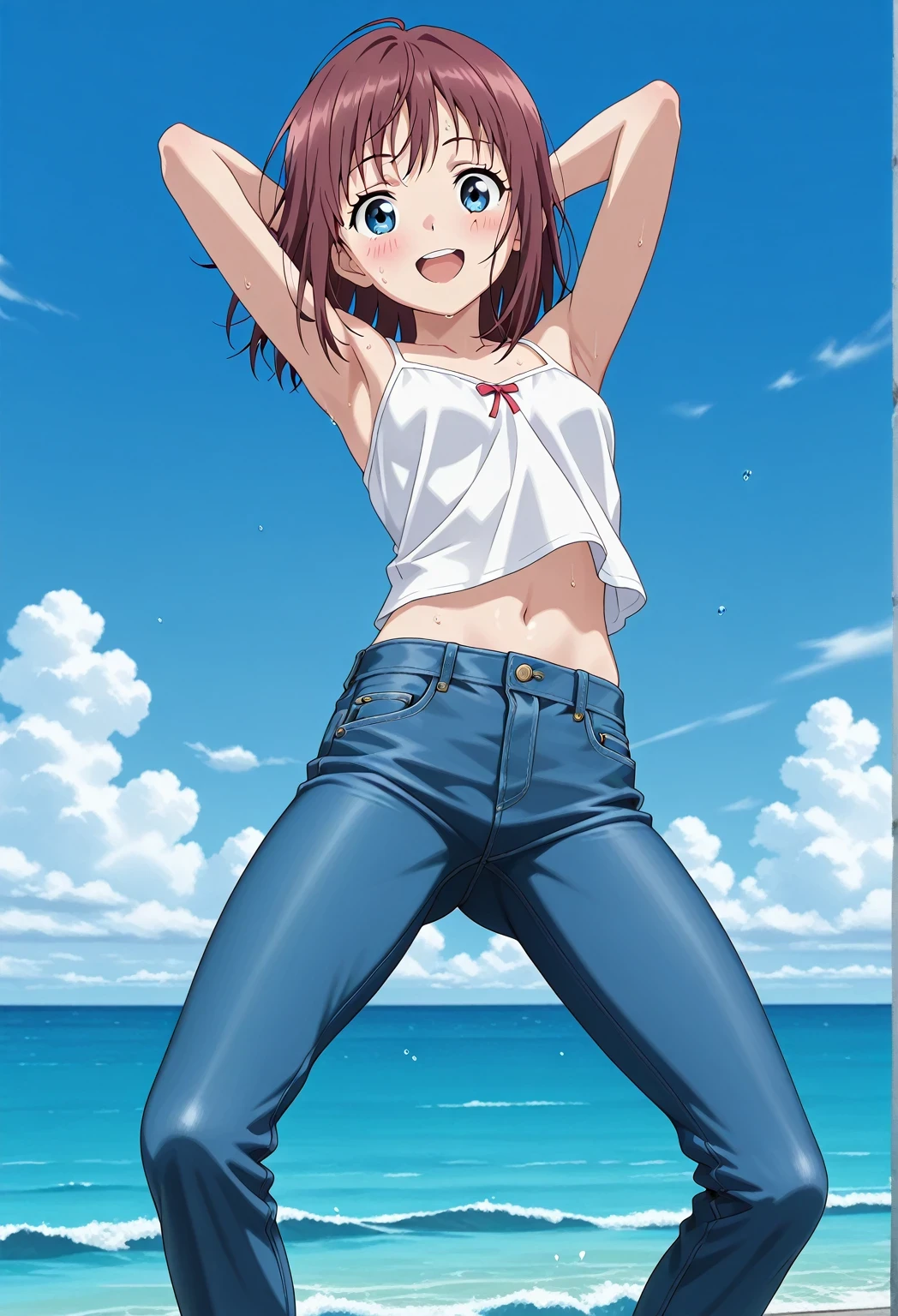 score_9, score_8_up, score_7_up, source_anime, highres, hi res, ((best quality, top quality, perfect quality, Highest Quality, amazing quality)), {{masterpiece}}, {{an extremely delicate and beautiful}}, 2d, intricate details, official style, anime, 8k, anime style, official_anime, official art, digital painting, cell shading, soft shading, high resolution, soothing tones, Subdued Color, Soft cinematic light, adobe lightroom, photolab, HDR, intricately and hyper-detailed, ((high quality animation)), 1 girl, Alone, solo, ((ocean)), tsunami, on the water, day, sunny, outdoors, sky, windy, Maxine_DE, brown hair, blue eyes, medium hair, anime screencap, small breasts, white camisole top, crop top, white crop top, best quality, hyper-detailed jeans, ((blue jeans:1.9)), (dark blue jeans:0.6), full medium body, medium shot, Open mouth, smiling, happy face, blush, sweat, standing, ((arms behind head:6.0)), bowlegged, jumping pose, action, looking at viewer, spread legs, Bend knees slightly, straight-on front view
