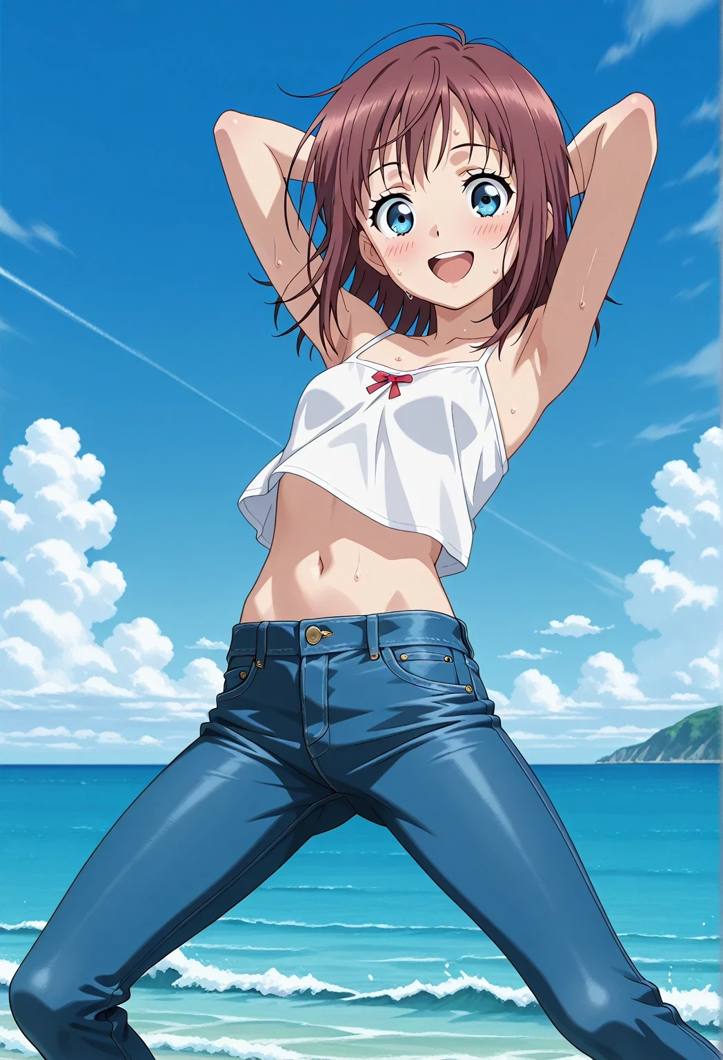 score_9, score_8_up, score_7_up, source_anime, highres, hi res, ((best quality, top quality, perfect quality, Highest Quality, amazing quality)), {{masterpiece}}, {{an extremely delicate and beautiful}}, 2d, intricate details, official style, anime, 8k, anime style, official_anime, official art, digital painting, cell shading, soft shading, high resolution, soothing tones, Subdued Color, Soft cinematic light, adobe lightroom, photolab, HDR, intricately and hyper-detailed, ((high quality animation)), 1 girl, Alone, solo, ((ocean)), tsunami, on the water, day, sunny, outdoors, sky, windy, Maxine_DE, brown hair, blue eyes, medium hair, anime screencap, small breasts, white camisole top, crop top, white crop top, best quality, hyper-detailed jeans, ((blue jeans:1.9)), (dark blue jeans:0.6), full medium body, medium shot, Open mouth, smiling, happy face, blush, sweat, standing, ((arms behind head:6.0)), bowlegged, jumping pose, action, looking at viewer, spread legs, Bend knees slightly, straight-on front view