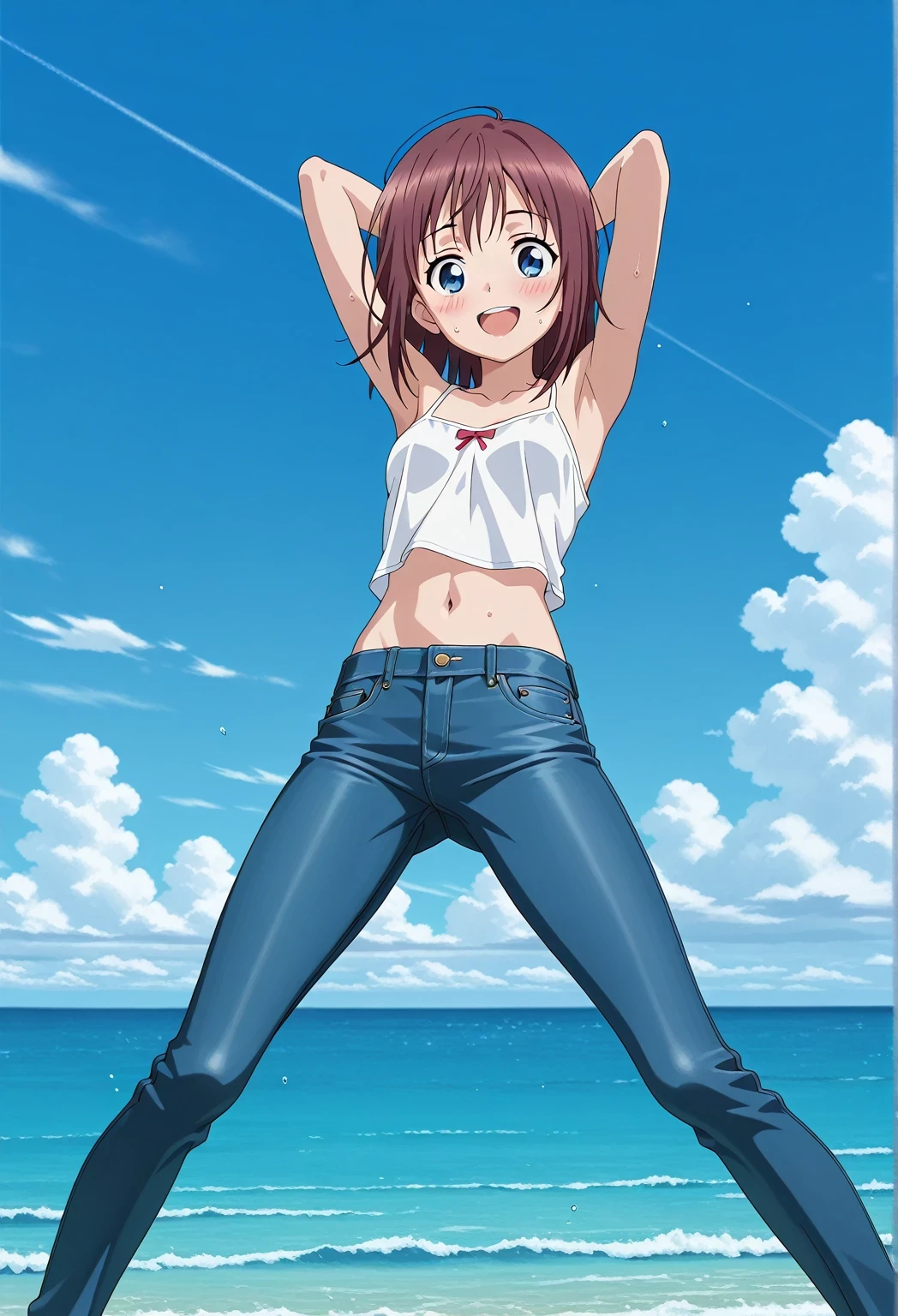 score_9, score_8_up, score_7_up, source_anime, highres, hi res, ((best quality, top quality, perfect quality, Highest Quality, amazing quality)), {{masterpiece}}, {{an extremely delicate and beautiful}}, 2d, intricate details, official style, anime, 8k, anime style, official_anime, official art, digital painting, cell shading, soft shading, high resolution, soothing tones, Subdued Color, Soft cinematic light, adobe lightroom, photolab, HDR, intricately and hyper-detailed, ((high quality animation)), 1 girl, Alone, solo, ((ocean)), tsunami, on the water, day, sunny, outdoors, sky, windy, Maxine_DE, brown hair, blue eyes, medium hair, anime screencap, small breasts, white camisole top, crop top, white crop top, best quality, hyper-detailed jeans, ((blue jeans:1.9)), (dark blue jeans:0.6), full medium body, medium shot, Open mouth, smiling, happy face, blush, sweat, standing, ((arms behind head:6.0)), bowlegged, jumping pose, action, looking at viewer, spread legs, Bend knees slightly, straight-on front view
