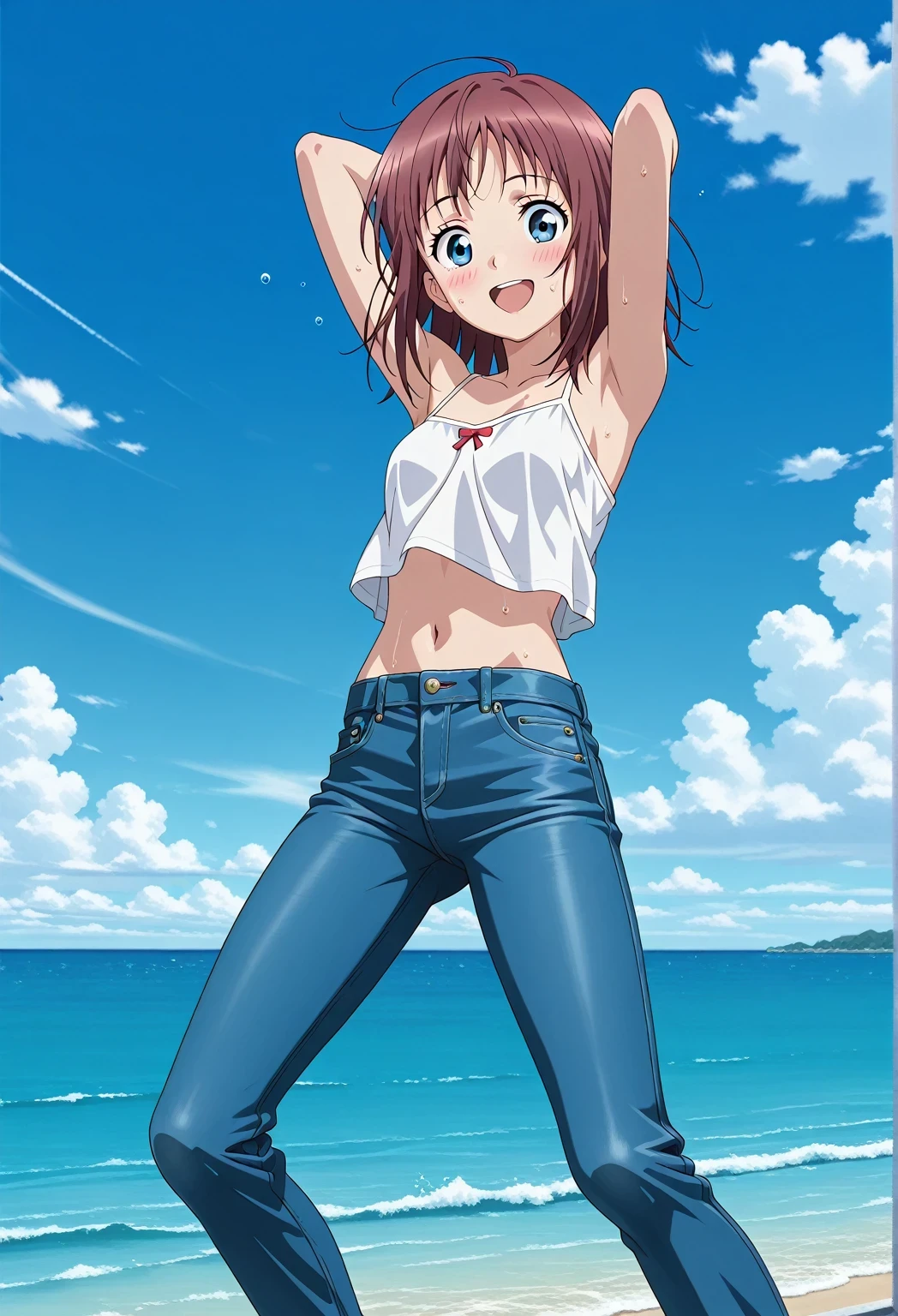 score_9, score_8_up, score_7_up, source_anime, highres, hi res, ((best quality, top quality, perfect quality, Highest Quality, amazing quality)), {{masterpiece}}, {{an extremely delicate and beautiful}}, 2d, intricate details, official style, anime, 8k, anime style, official_anime, official art, digital painting, cell shading, soft shading, high resolution, soothing tones, Subdued Color, Soft cinematic light, adobe lightroom, photolab, HDR, intricately and hyper-detailed, ((high quality animation)), 1 girl, Alone, solo, ((ocean)), tsunami, on the water, day, sunny, outdoors, sky, windy, Maxine_DE, brown hair, blue eyes, medium hair, anime screencap, small breasts, white camisole top, crop top, white crop top, best quality, hyper-detailed jeans, ((blue jeans:1.9)), (dark blue jeans:0.6), full medium body, medium shot, Open mouth, smiling, happy face, blush, sweat, standing, ((arms behind head:6.0)), bowlegged, jumping pose, action, looking at viewer, spread legs, Bend knees slightly, straight-on front view