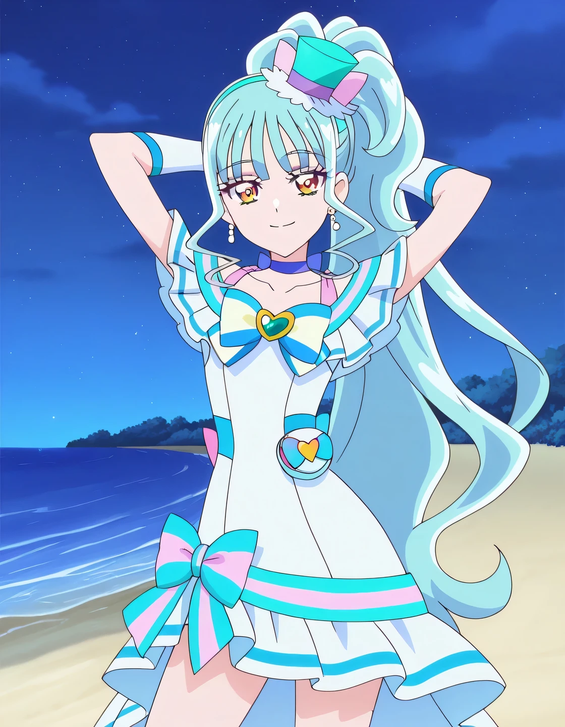 Cure Lillian, light blue hair, very_long_ponytail, wavy hair, purple_eyes, multicolored eyes, small_breasts, earrings, mini hat, hair_ornaments, bangs, light blue precure costumes, anime screencap, high quality, solo, night sky, beach, arms behind head, ((contrapposto)), closed mouth, cowboy shot, looking at viewer, smile, best quality